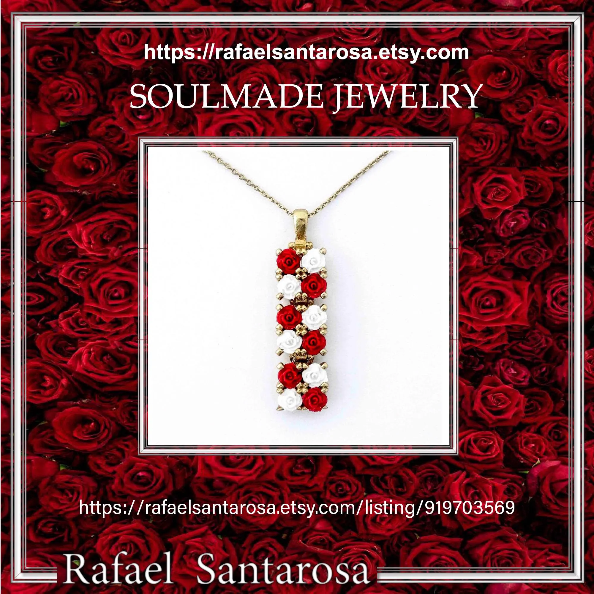 Handmade Rose Flowers Gems Pave Pendant: 18 K Gold-Filled Sterling Silver Beaded Floral Necklace — additional product image 10 from Rafael Santarosa Fine Jewelry