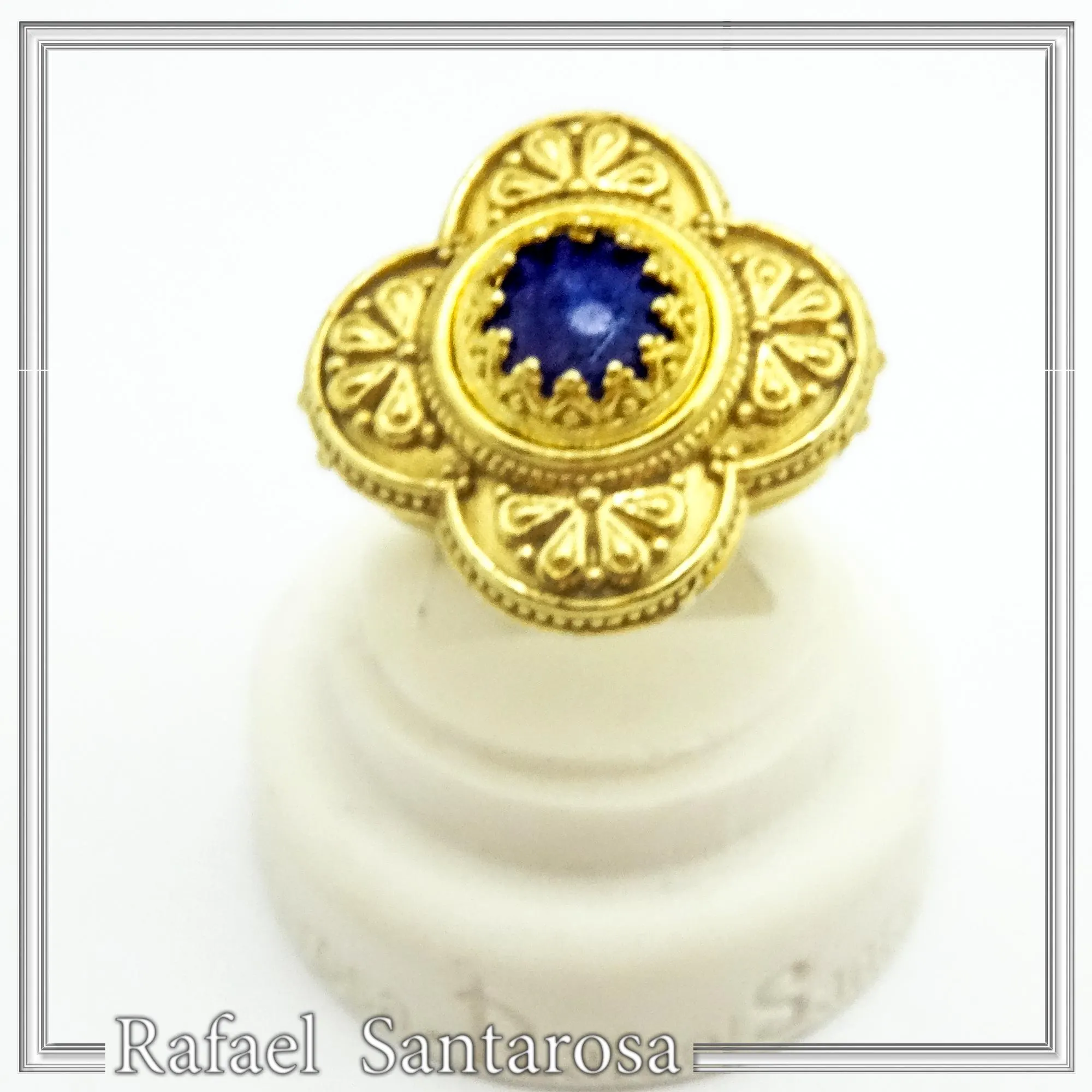 Byzantine Christian Cross Genuine Lapis Lazuli Ring: 18K Gold Filled Sterling Silver Filigree — additional product image 3 from Rafael Santarosa Fine Jewelry