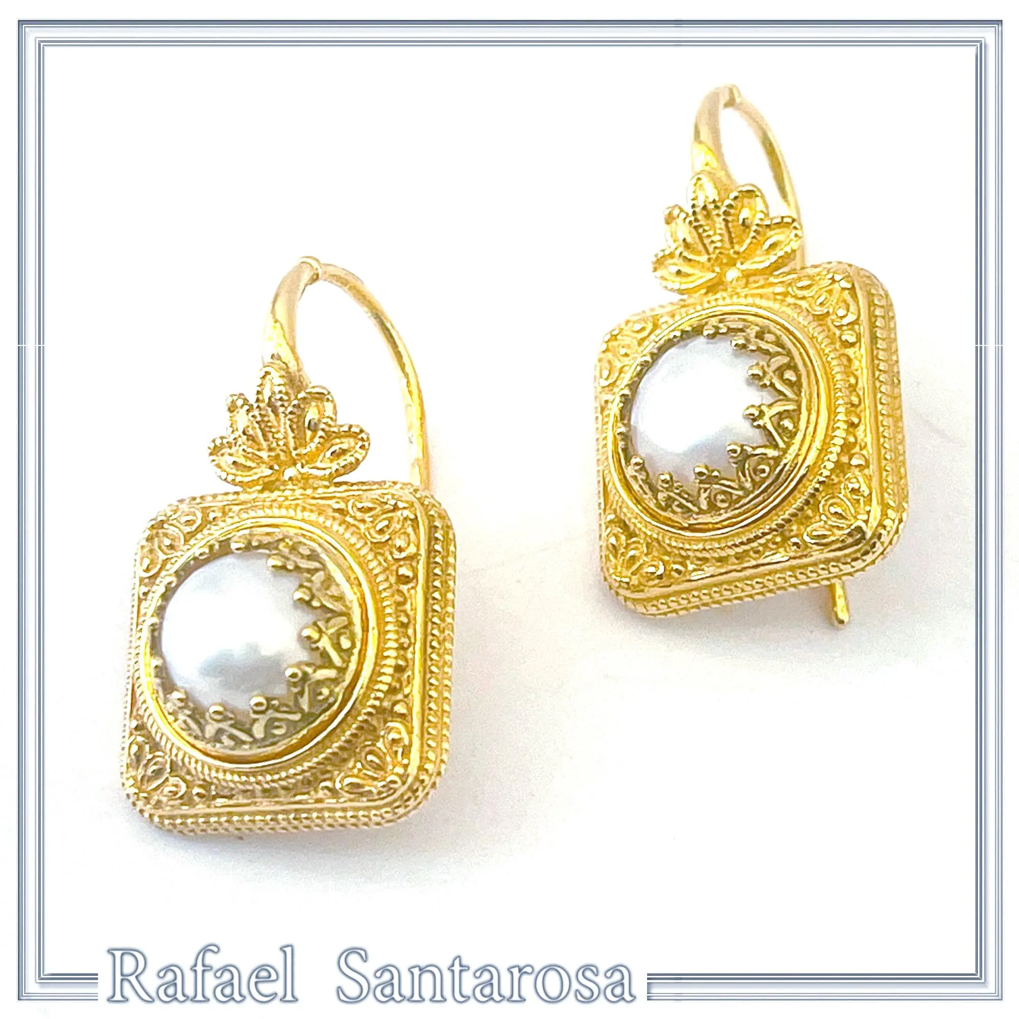 Ancient Greek Pearl Earrings: Sterling Silver 18K Gold-Filled Filigree Byzantine way Decoration — additional product image 3 from Rafael Santarosa Fine Jewelry