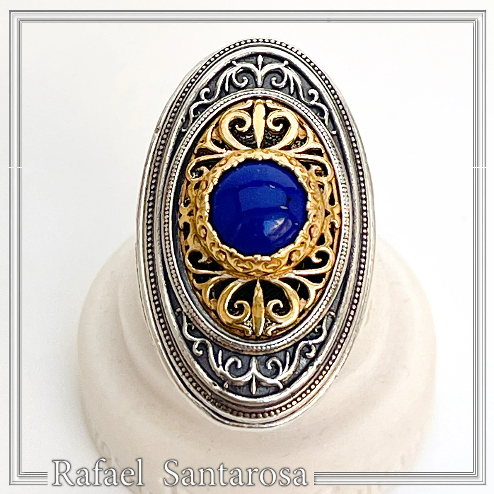 Natural Lapis Lazuli Big Byzantine Ring: Oxidized & 18k Gold Filled Sterling Silver
