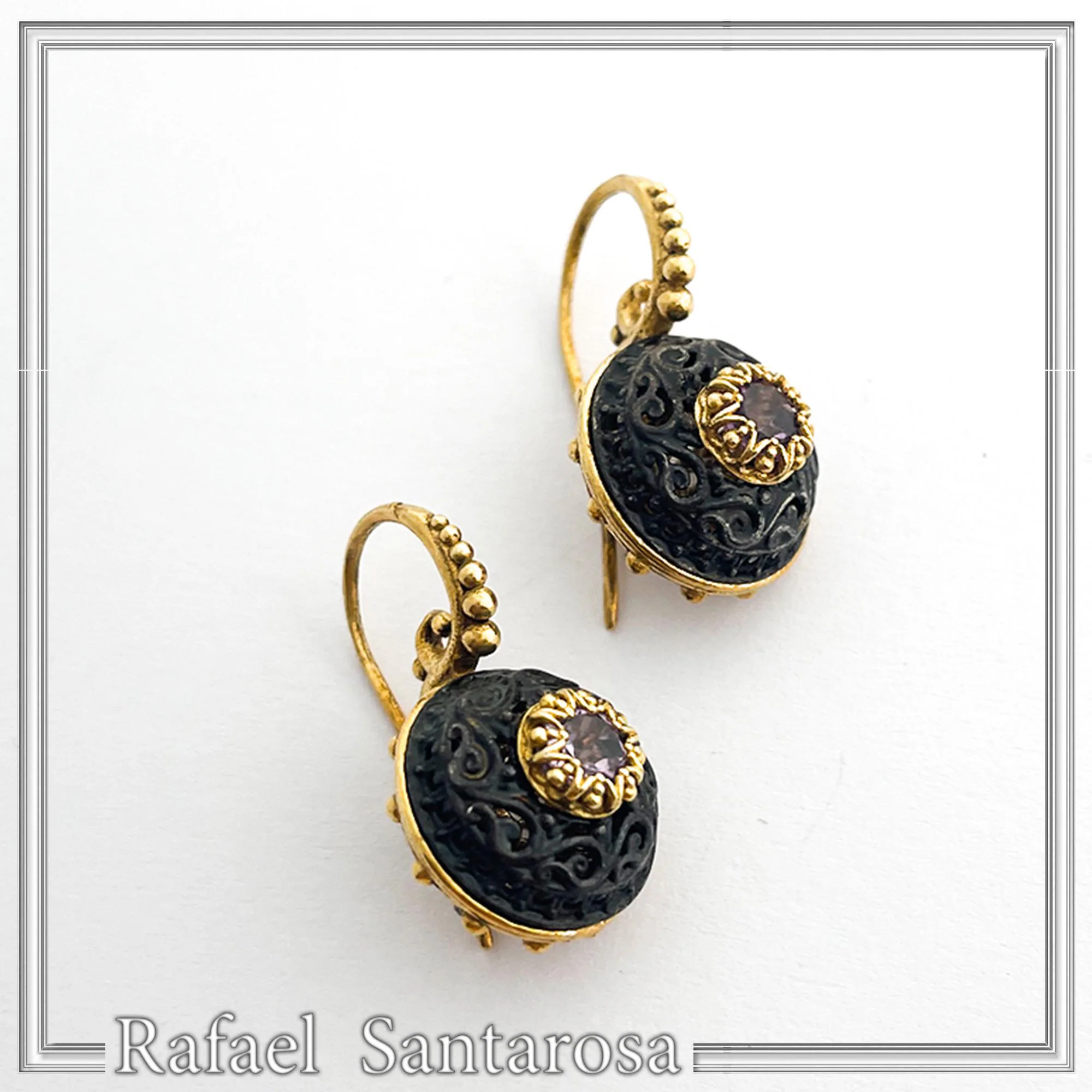Byzantine Filigree Natural Gemstones Silver Earrings: Oxidised black and Gold-Filled silver — additional product image 5 from Rafael Santarosa Fine Jewelry