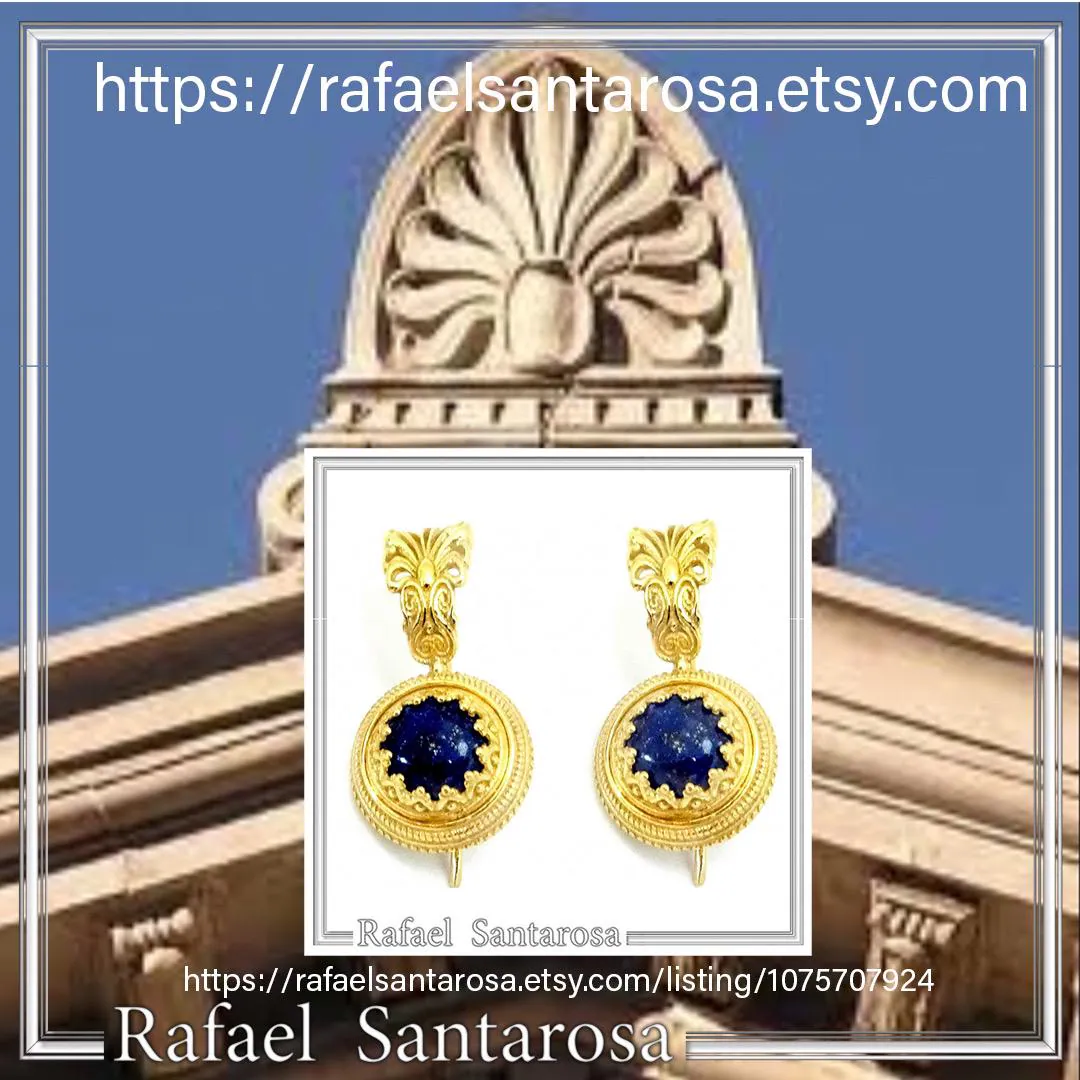 Natural Lapis Lazuli Ancient Greek Antefix Earrings: Sterling Silver Gold-Filled Filigree, — additional product image 10 from Rafael Santarosa Fine Jewelry