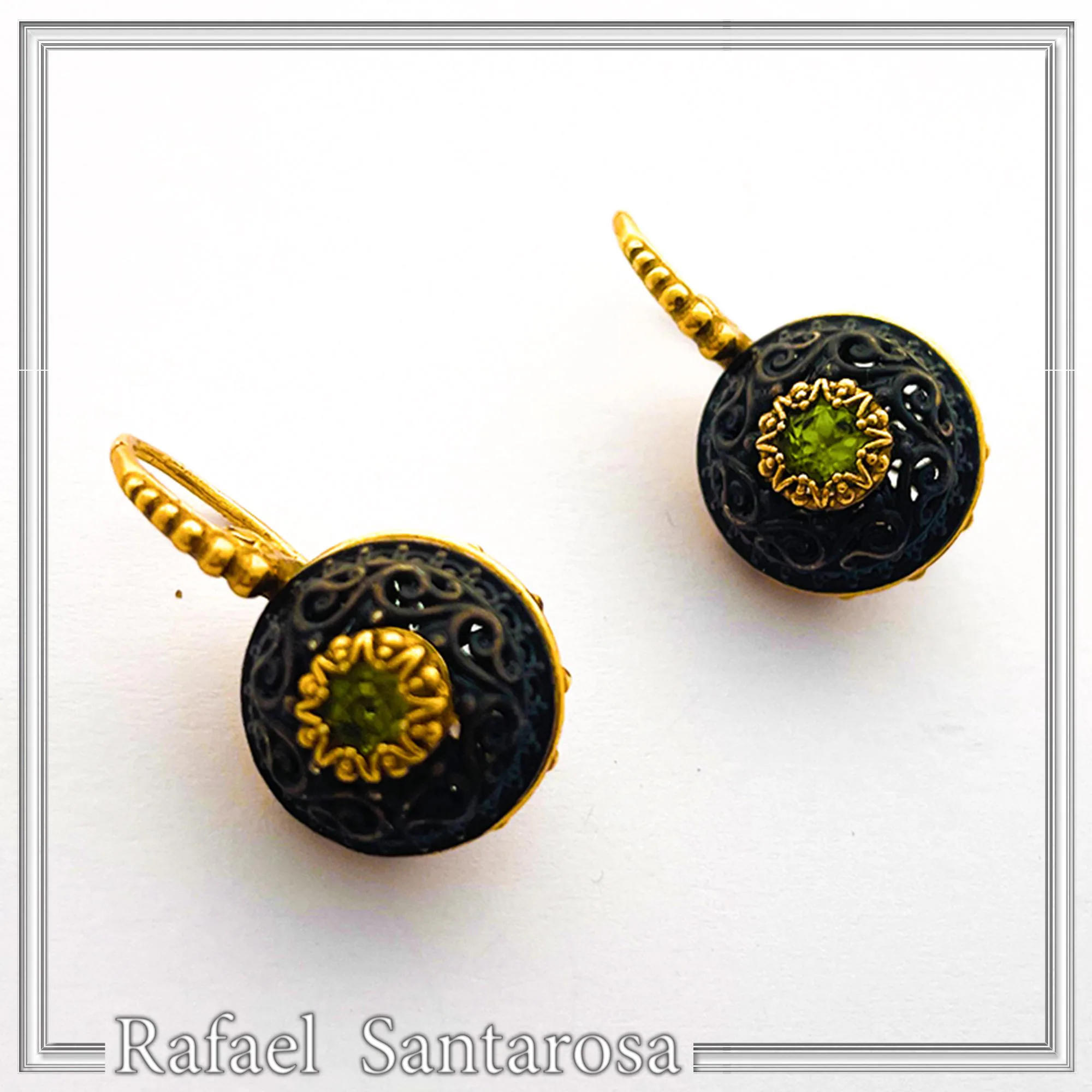 Byzantine Filigree Natural Gemstones Silver Earrings: Oxidised black and Gold-Filled silver — additional product image 2 from Rafael Santarosa Fine Jewelry