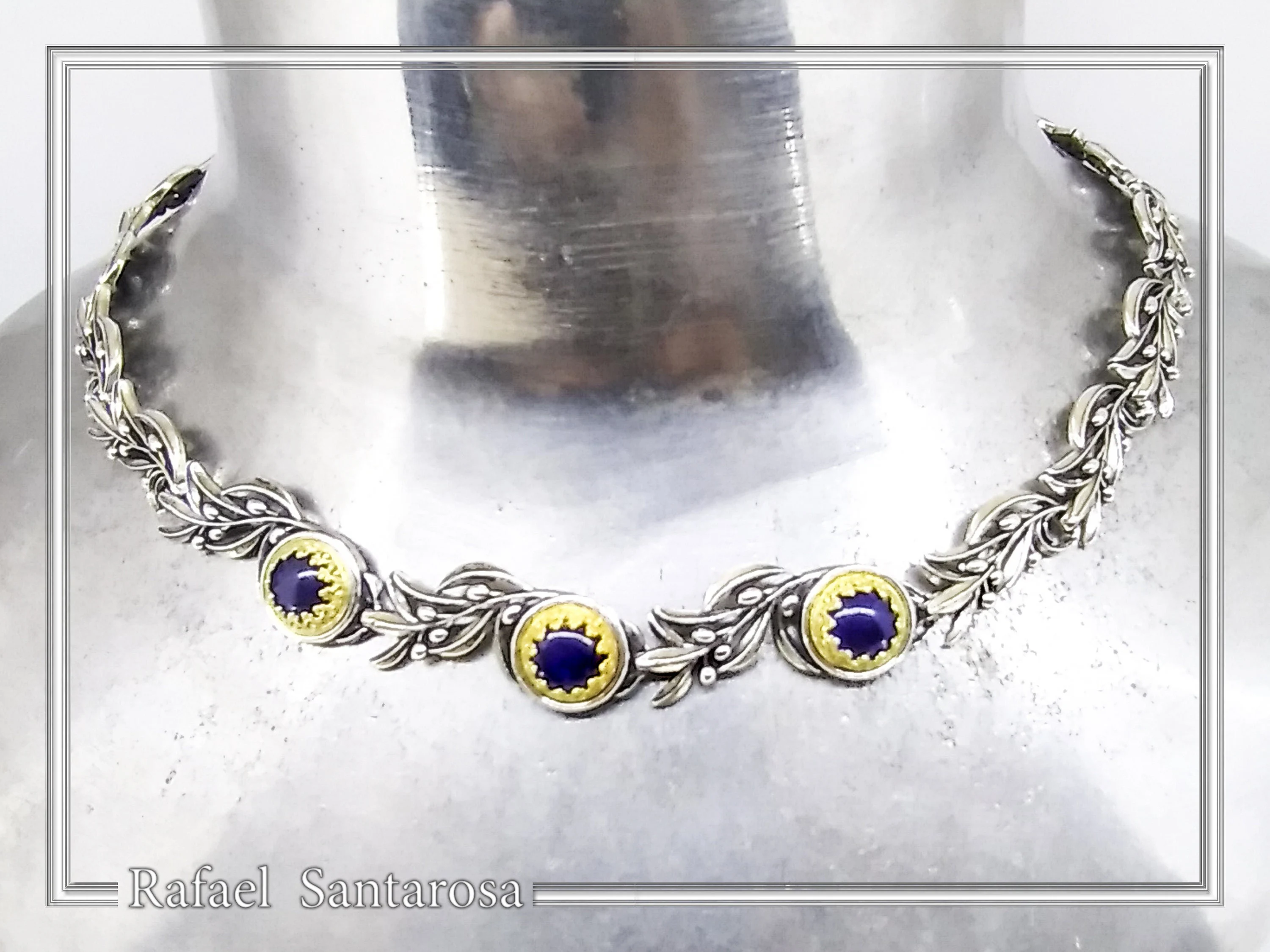 Genuine Lapis Lazuli Olive Branch beaded Nature Symbol Necklace, Floral Sterling Silver Jewelry — additional product image 5 from Rafael Santarosa Fine Jewelry