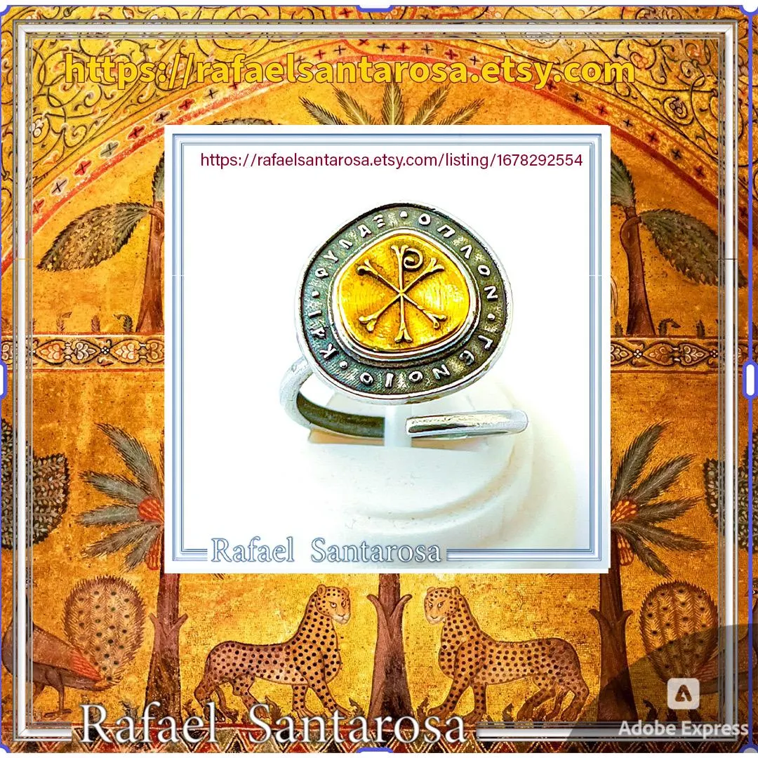 18K Gold Chi Rho Christogram on Oxidized Sterling Silver Adjustable Ring, Byzantine Prayer Talisman — additional product image 10 from Rafael Santarosa Fine Jewelry