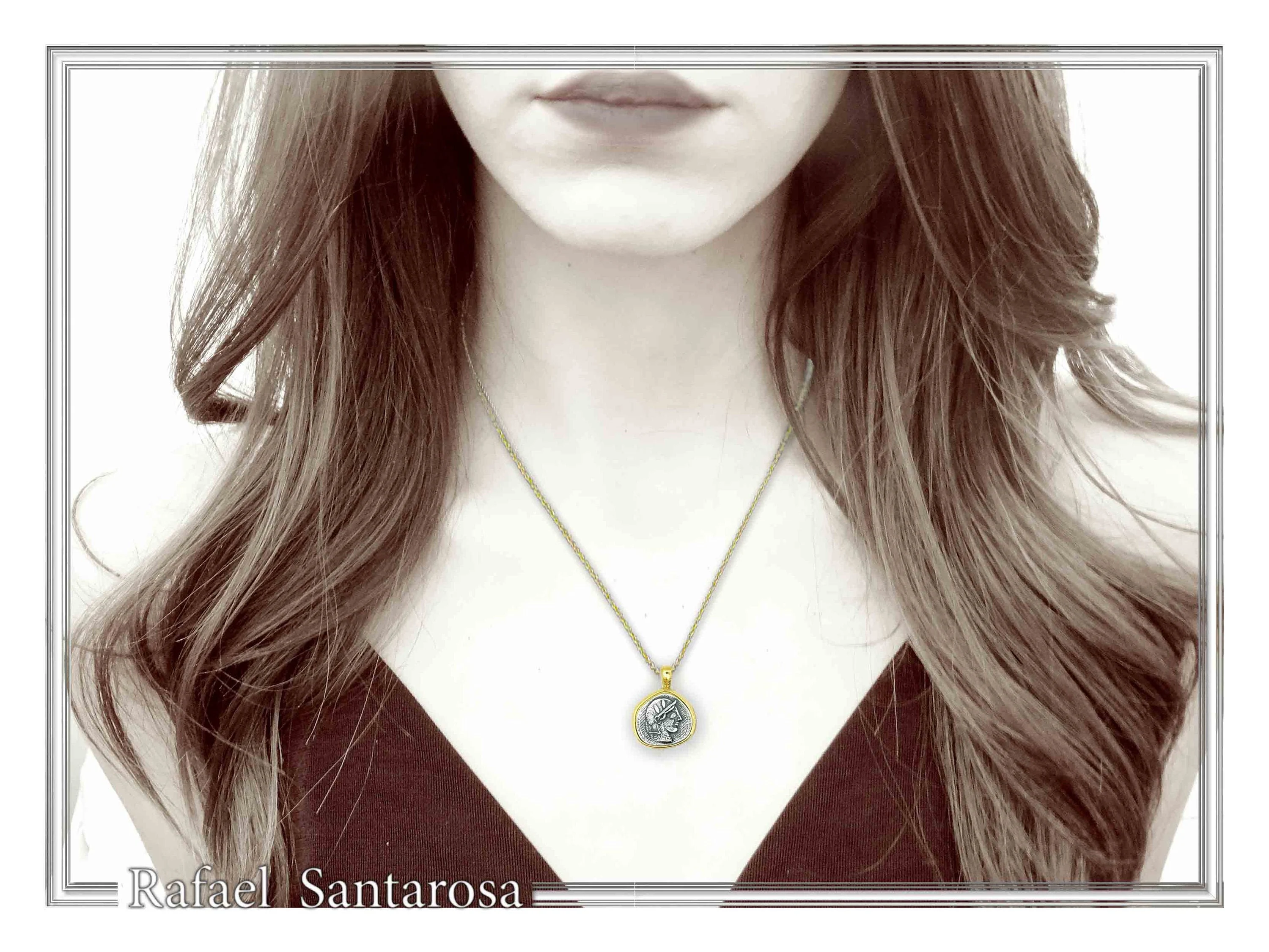 Athena Goddess Coin Pendant, Greek Museum Replica Necklace: Oxidized & 18K Gold Filled Sterling Silver — additional product image 6 from Rafael Santarosa Fine Jewelry