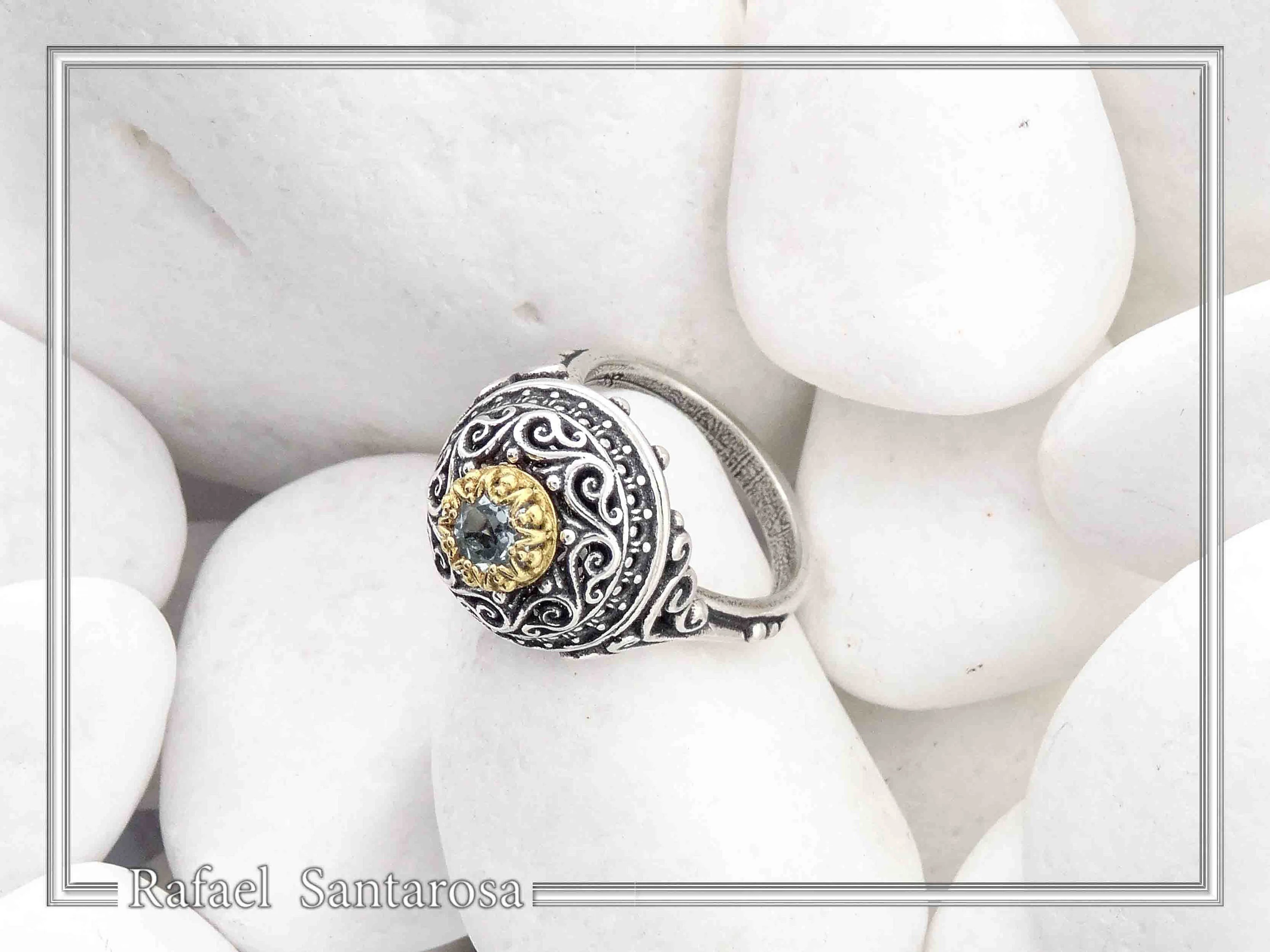 Sterling Silver Ring, 18K Gold Filled Filigree Bezel and 5mm Natural Sky-Blue Topaz — additional product image 7 from Rafael Santarosa Fine Jewelry