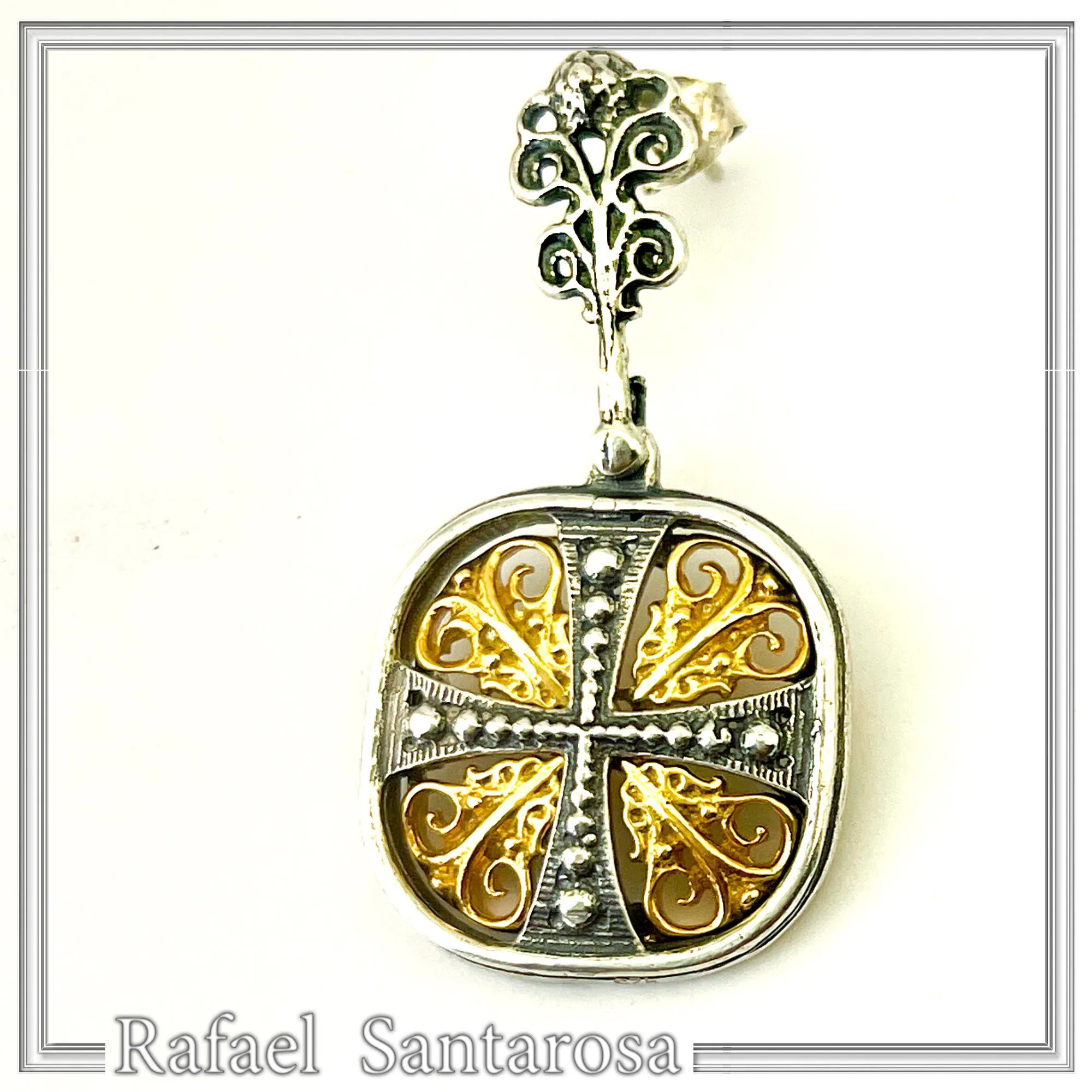 Byzantine Empire Orthodox Cross Earrings: Sterling Silver Oxidized & 18K Gold-Filled Filigree — additional product image 7 from Rafael Santarosa Fine Jewelry