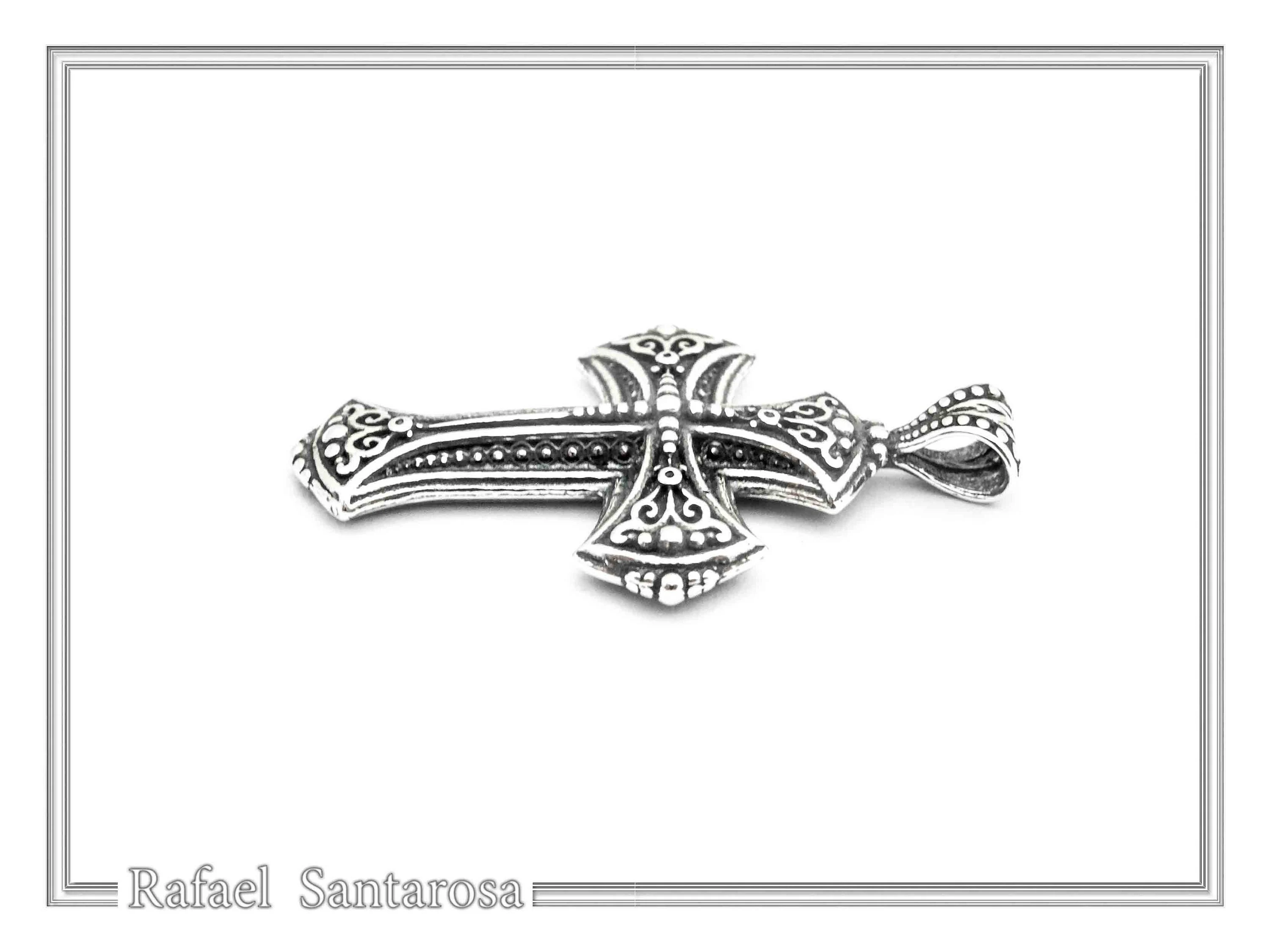 Religious Byzantine Filigree Ornaments Cross Necklace: Sterling Silver Oxidised or 18K Gold Filled Pendant — additional product image 4 from Rafael Santarosa Fine Jewelry