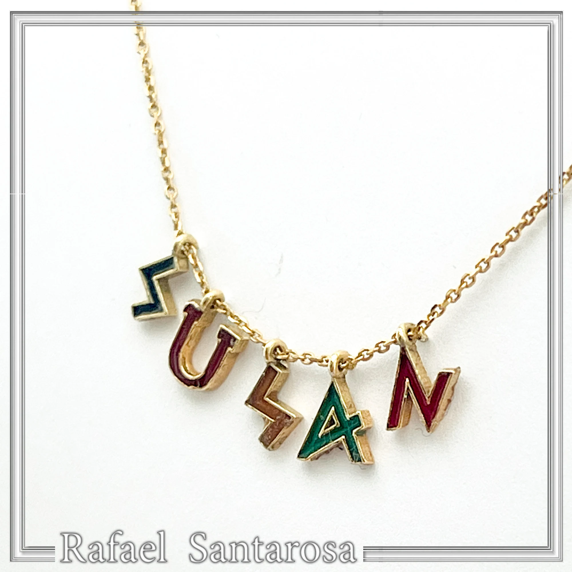 Personalized "Susan" Name Necklace: Multicolored Enamel on Greek Font Letter Silver 18K Gold Filled — additional product image 3 from Rafael Santarosa Fine Jewelry