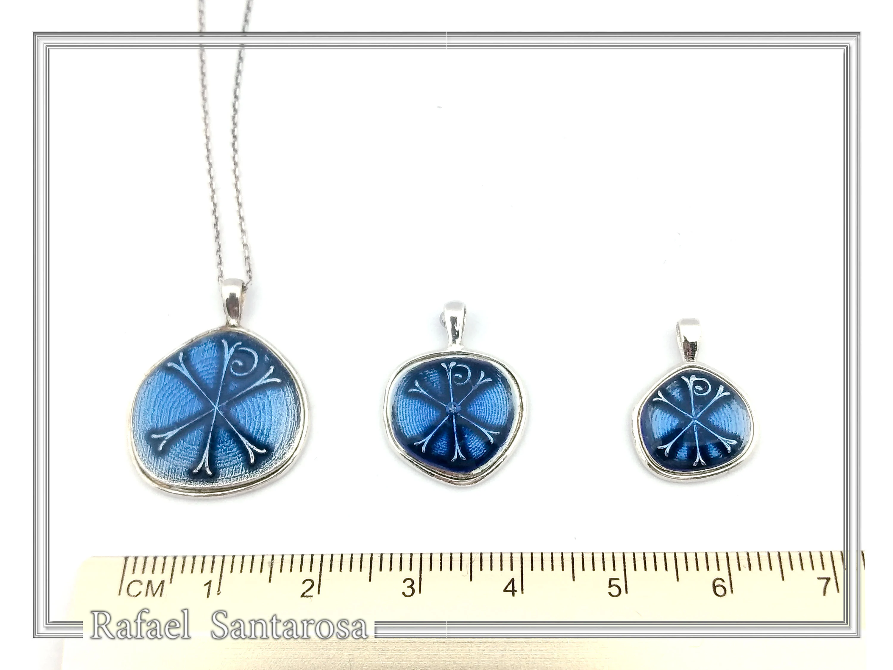 Chi Ro Christian Talisman Pendant: Sky Blue Enamel on Oxidized Sterling Silver Constantinato — additional product image 7 from Rafael Santarosa Fine Jewelry
