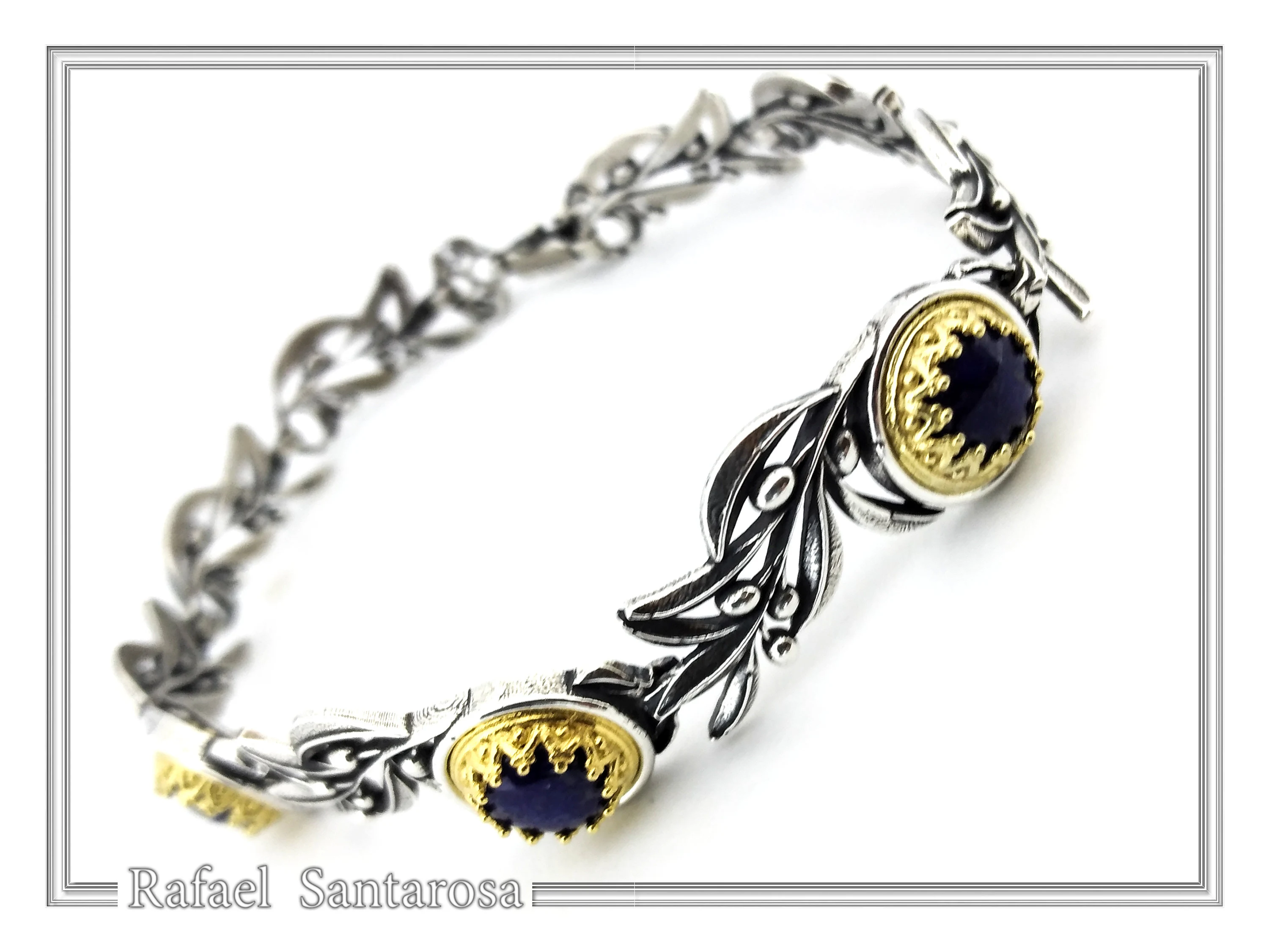 Natural Lapis Lazuli Olive Leaf Floral Beaded Bracelet: Oxidized and 18K Gold Filled Silver — additional product image 2 from Rafael Santarosa Fine Jewelry