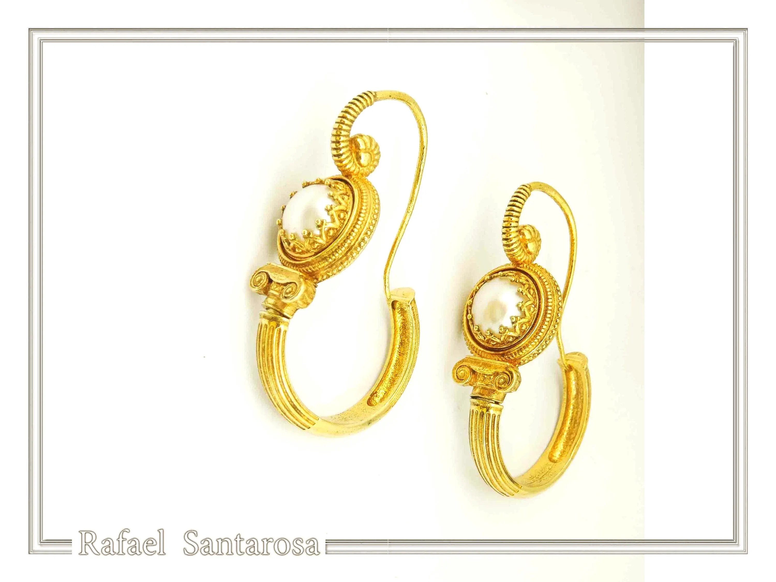 Ancient Greek Ionian Temple Column Natural Pearl Hoop Earrings Gold Filled Silver: Museum Jewelry — additional product image 3 from Rafael Santarosa Fine Jewelry