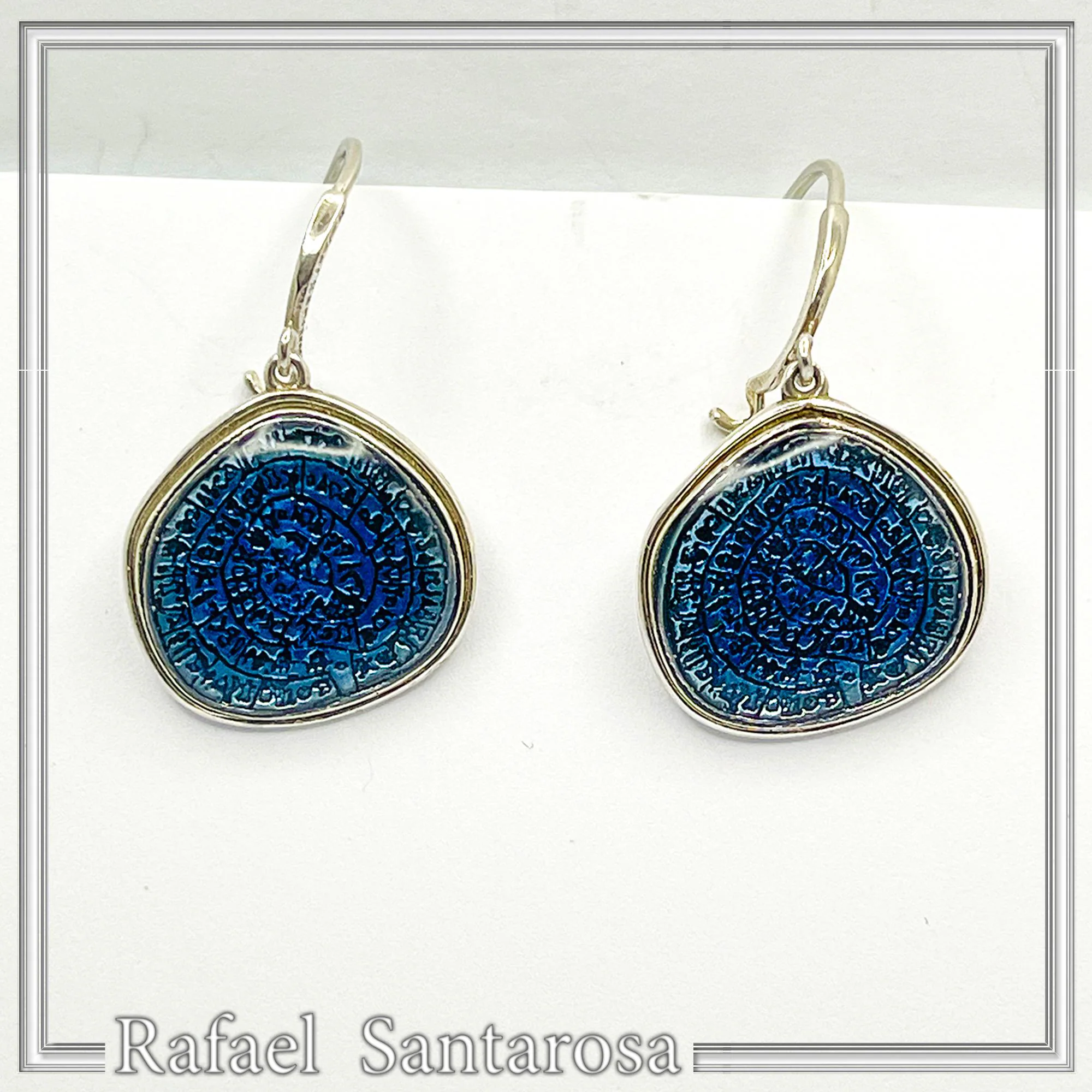 Ancient Minoan Calendar Replica Phaistos Disc Earrings: Oxidized Sterling Silver Sky Blue Transparent Enamel — additional product image 6 from Rafael Santarosa Fine Jewelry