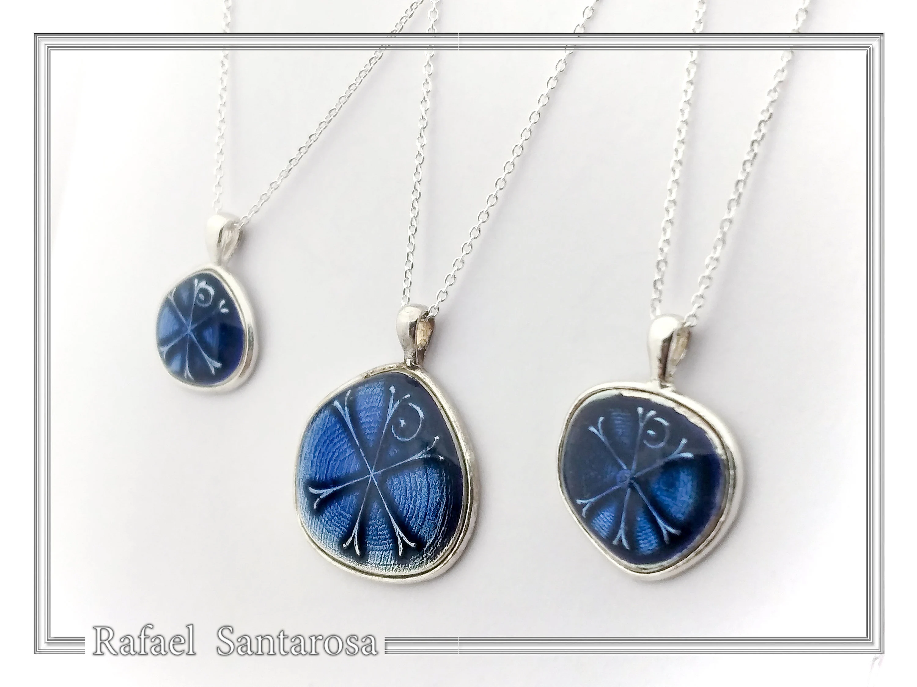 Chi Ro Christian Talisman Pendant: Sky Blue Enamel on Oxidized Sterling Silver Constantinato — additional product image 3 from Rafael Santarosa Fine Jewelry