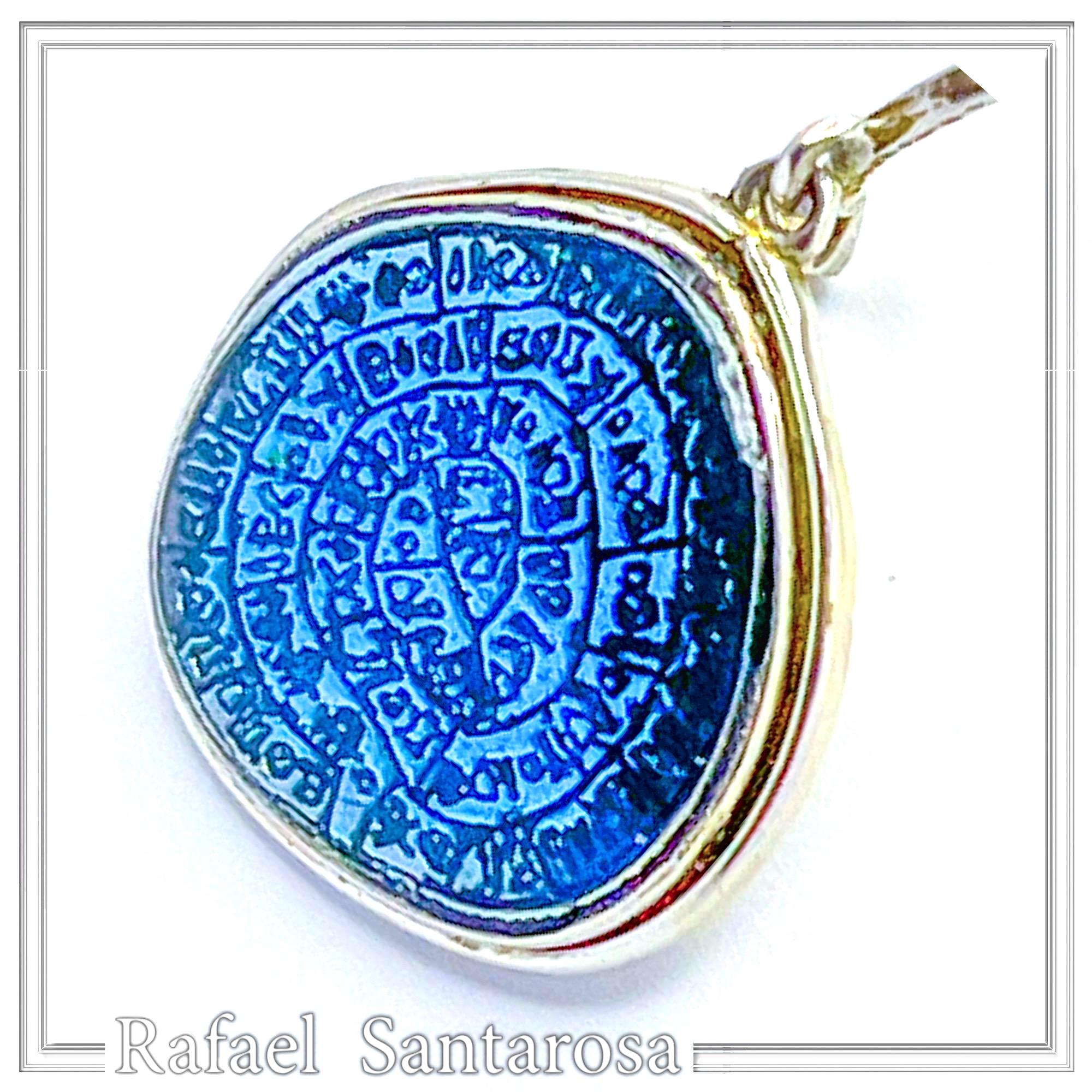 Ancient Minoan Calendar Replica Phaistos Disc Earrings: Oxidized Sterling Silver Sky Blue Transparent Enamel — additional product image 4 from Rafael Santarosa Fine Jewelry