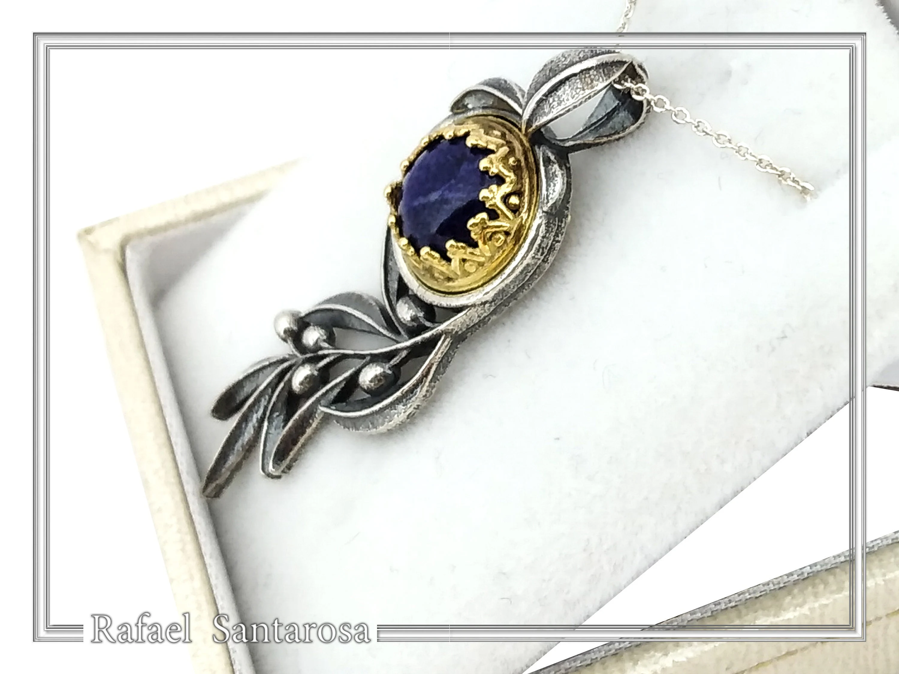 Natural Lapis Olive Leaf Pendant Floral Necklace: Oxidized Sterling Silver 18K Gold Filled Bezel — additional product image 10 from Rafael Santarosa Fine Jewelry
