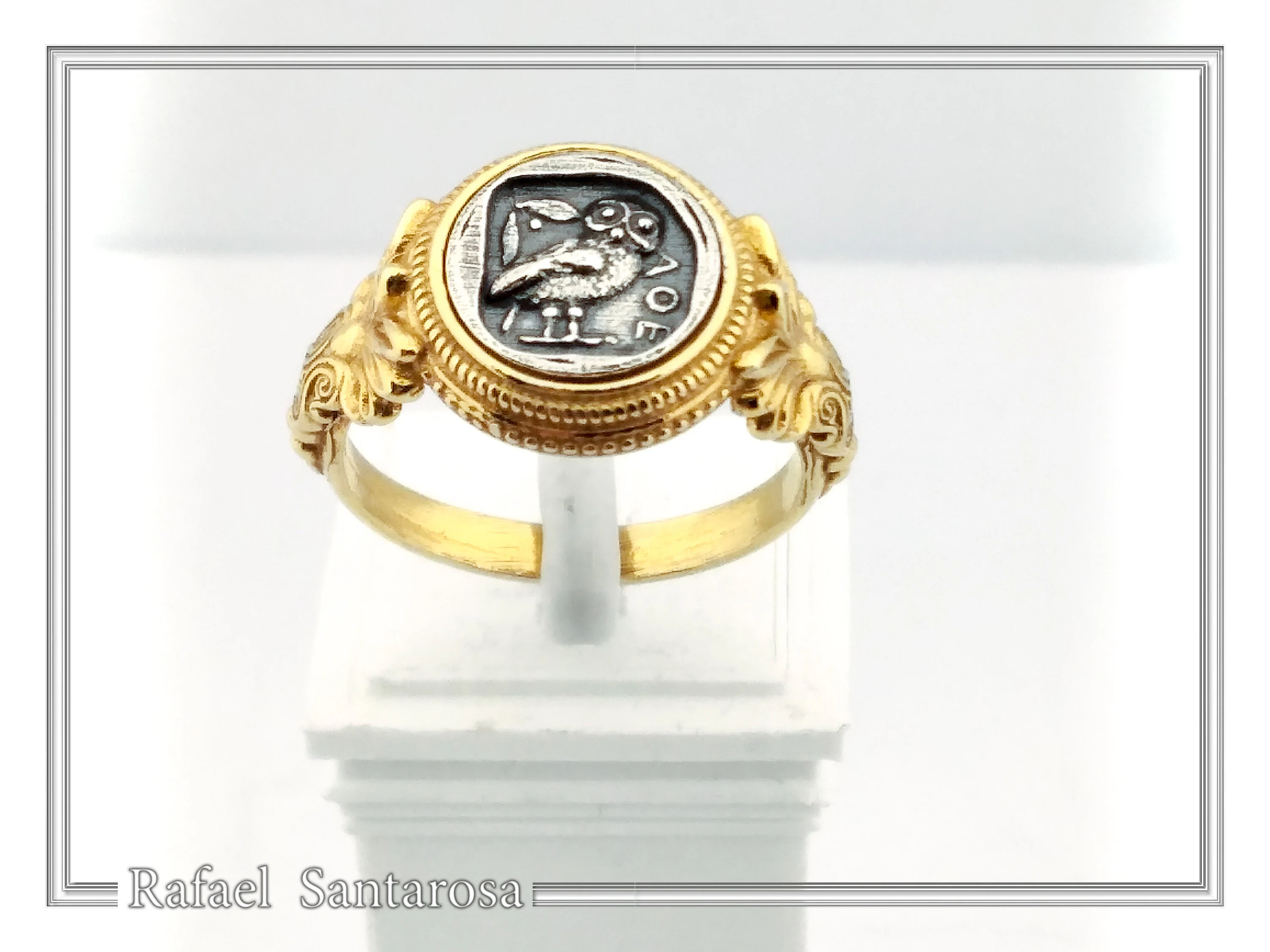 Tetradrachm Athena Owl Replica Greek Coin Ring, Antefix Filigree decoration: Sterling Silver oxidized & Gold-Filled — additional product image 5 from Rafael Santarosa Fine Jewelry