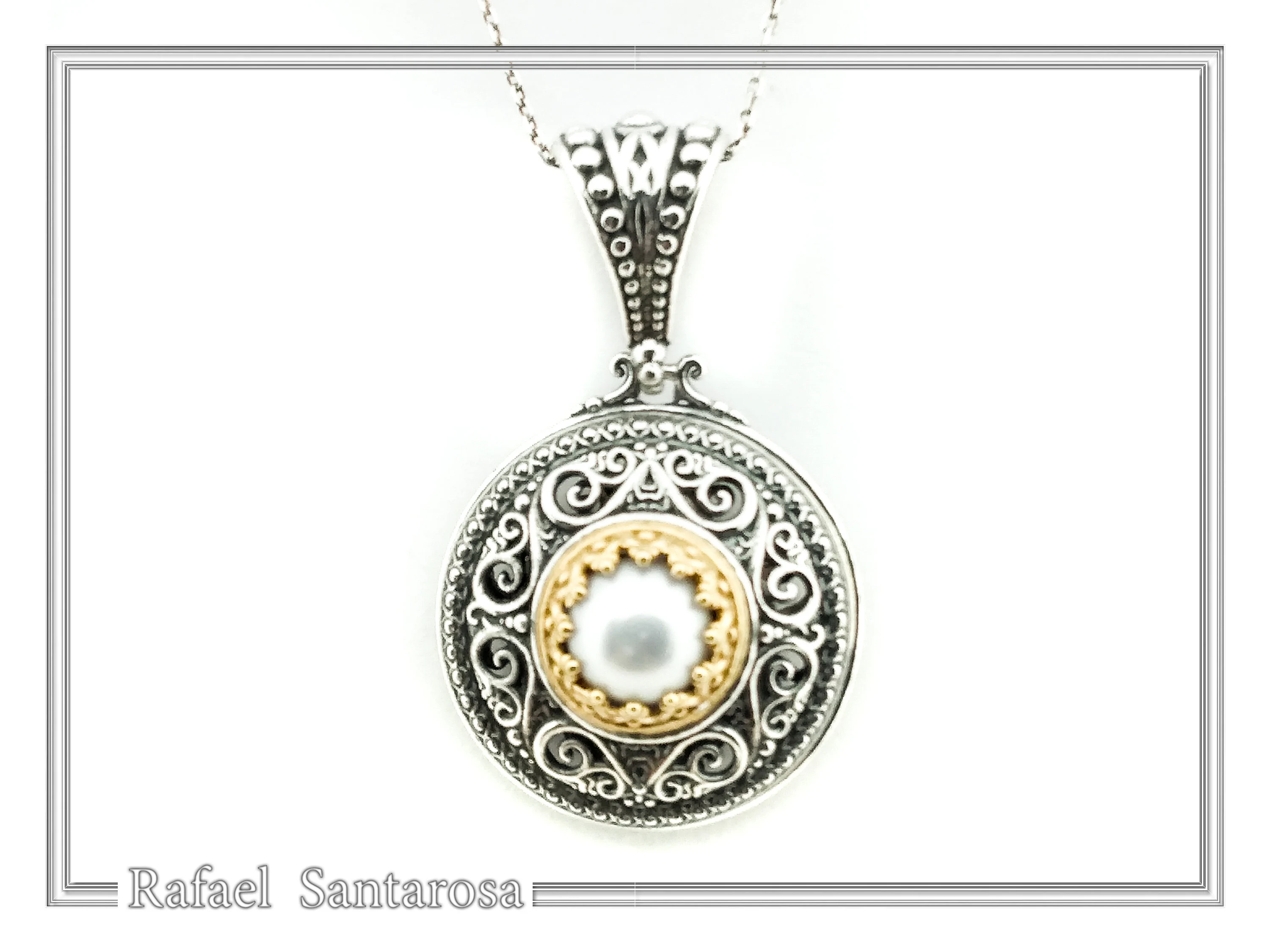 Byzantine natural Pearl Pendant: Oxidized Sterling Silver and Gold-Filled Filigree Necklace — additional product image 4 from Rafael Santarosa Fine Jewelry