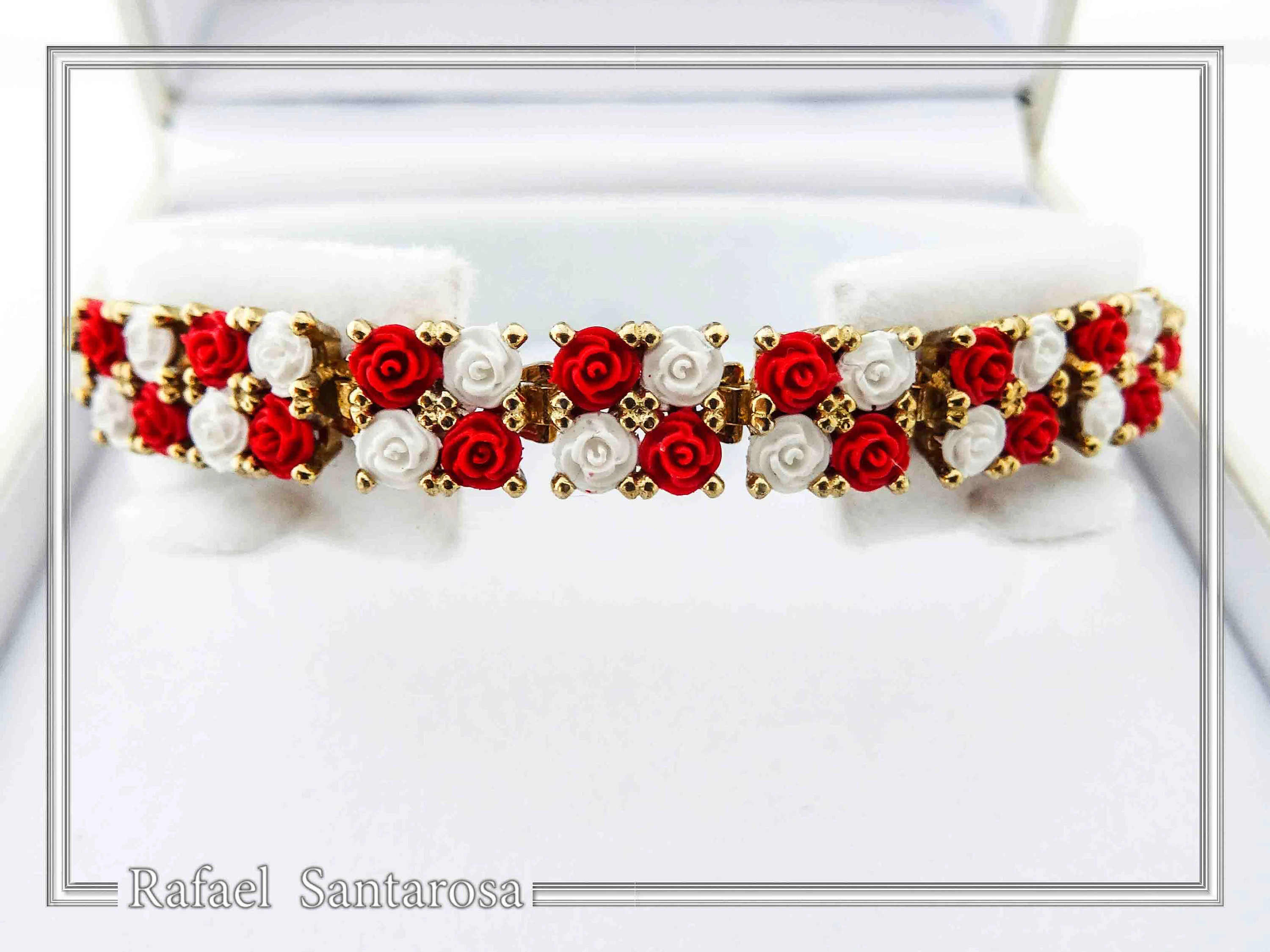 Tennis bracelet with red & white rose flowers on square beads. 18K gold filled silver — additional product image 5 from Rafael Santarosa Fine Jewelry