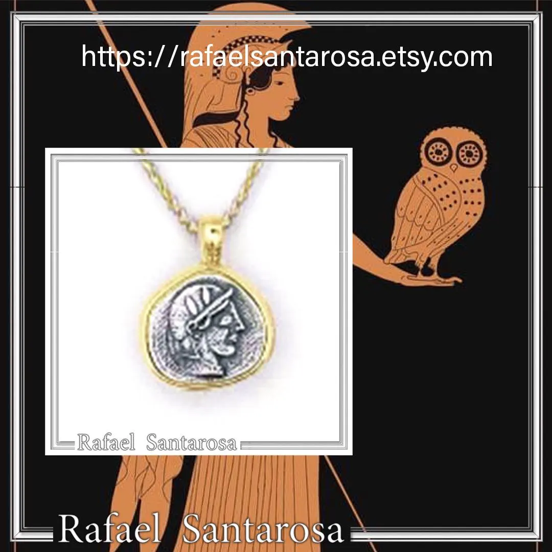 Athena Goddess Coin Pendant, Greek Museum Replica Necklace: Oxidized & 18K Gold Filled Sterling Silver — additional product image 10 from Rafael Santarosa Fine Jewelry