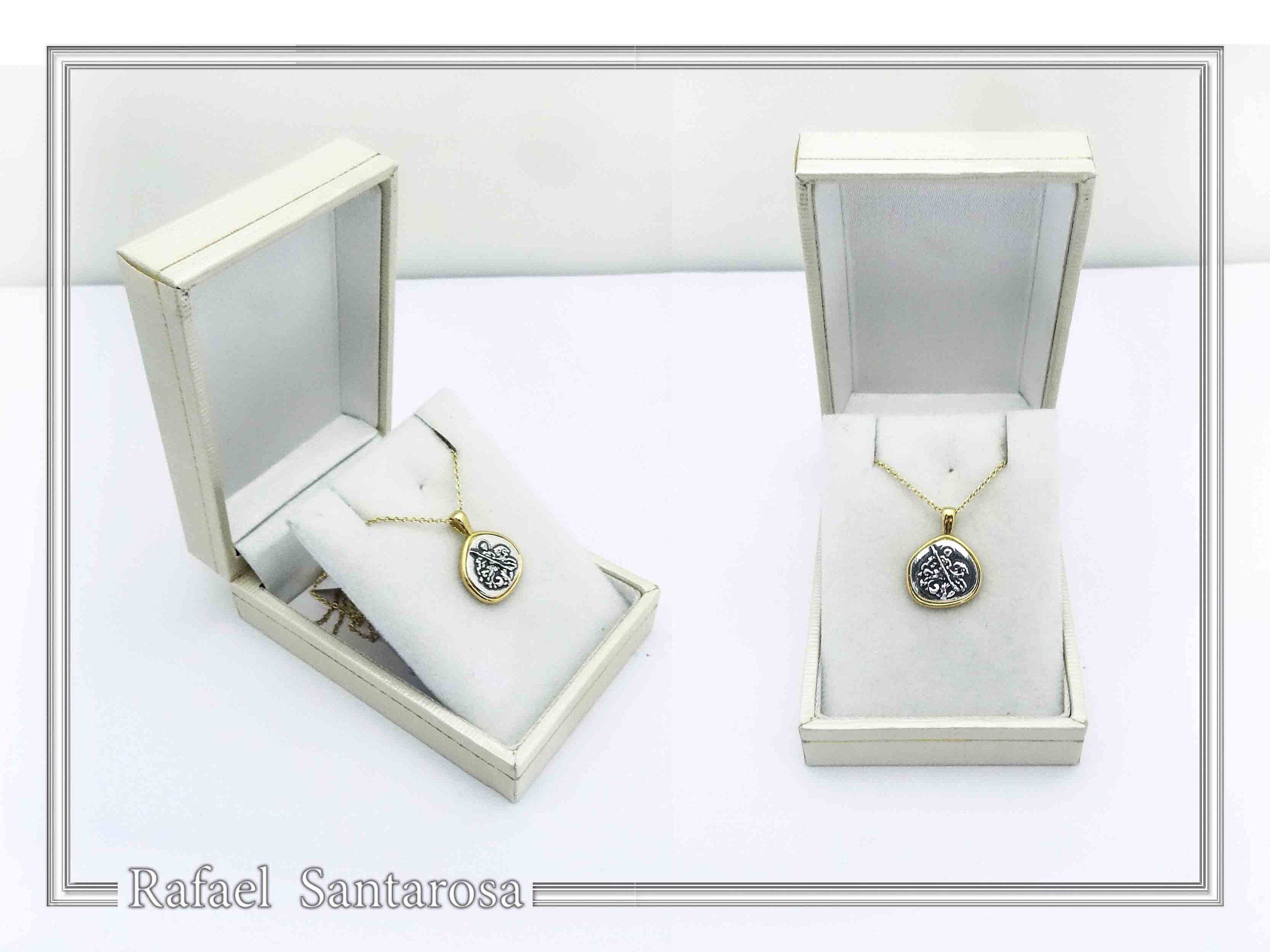 St George Killing Dragon Necklace Byzantine Talisman: Sterling Silver Oxidised & 18K Gold-Filled — additional product image 9 from Rafael Santarosa Fine Jewelry