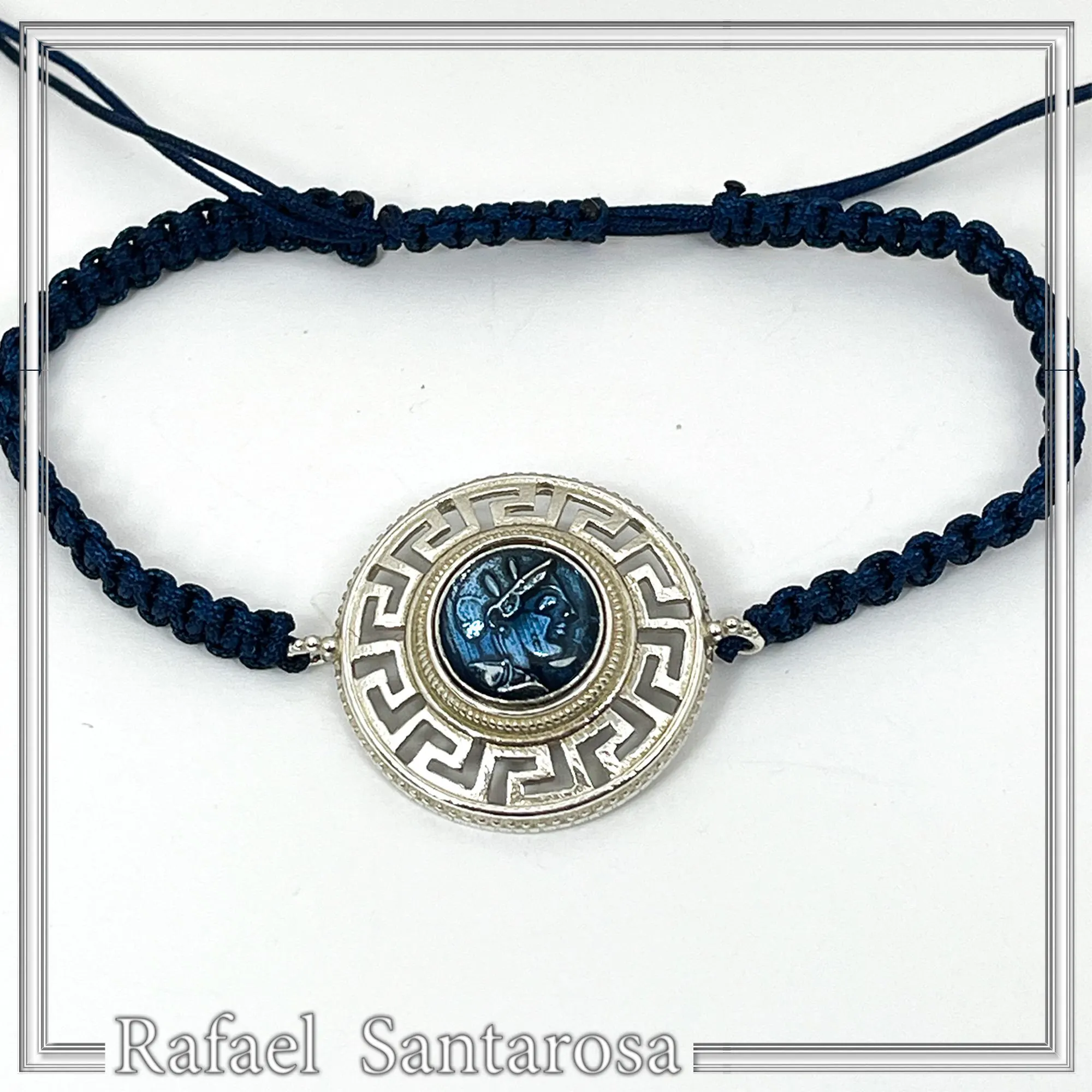 Sterling Silver Athena Promachos Bracelet Greek Key Tetradrachm Sky Blue Enamel Macrame Cord Viscose — additional product image 4 from Rafael Santarosa Fine Jewelry