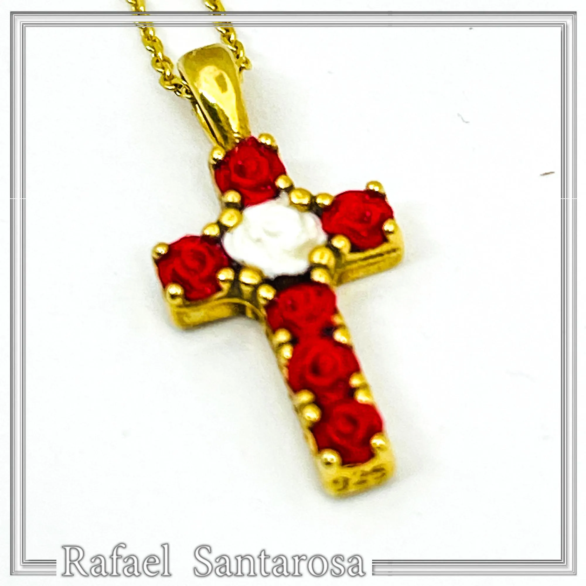 Tiny Cross Necklace: Hand Sculpted Alabaster Rose Flowers 18K Gold Filled Sterling Silver Cross — additional product image 4 from Rafael Santarosa Fine Jewelry