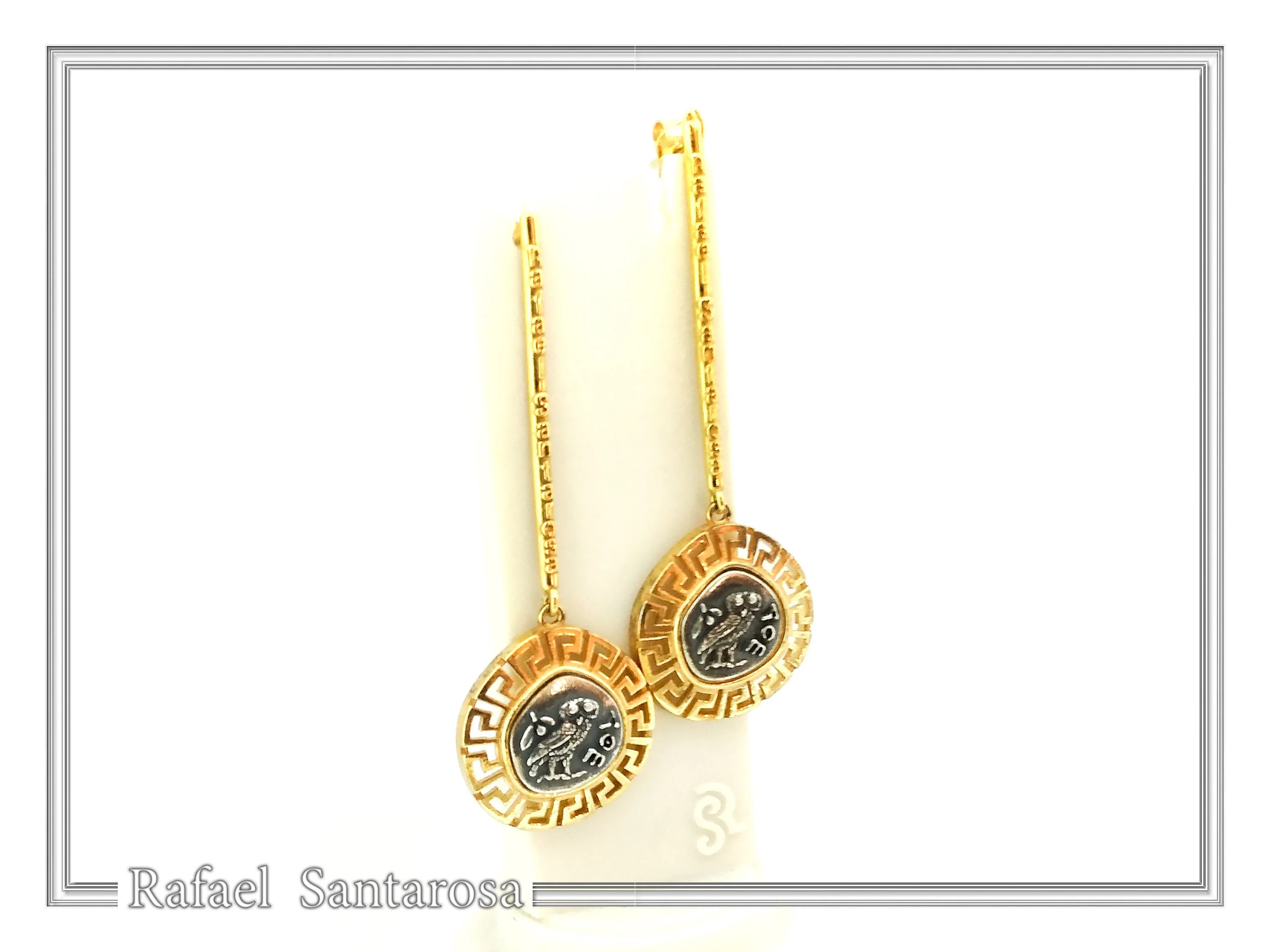 Athena Owl Tetradrachm Greek Coin Dangle Drop Earrings: Museum Replicas Oxidized & Gold-Filled Silver — additional product image 3 from Rafael Santarosa Fine Jewelry