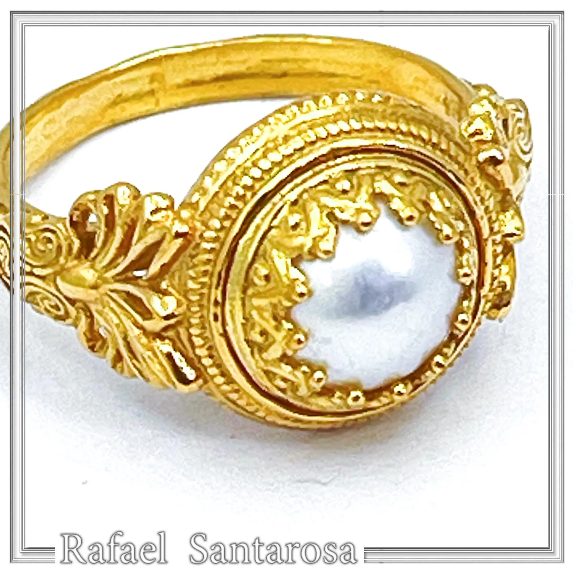 Sterling Silver Gold Filled Freshwater Pearl Ring Ancient Greek Antefix Filigree Design Handmade — additional product image 9 from Rafael Santarosa Fine Jewelry