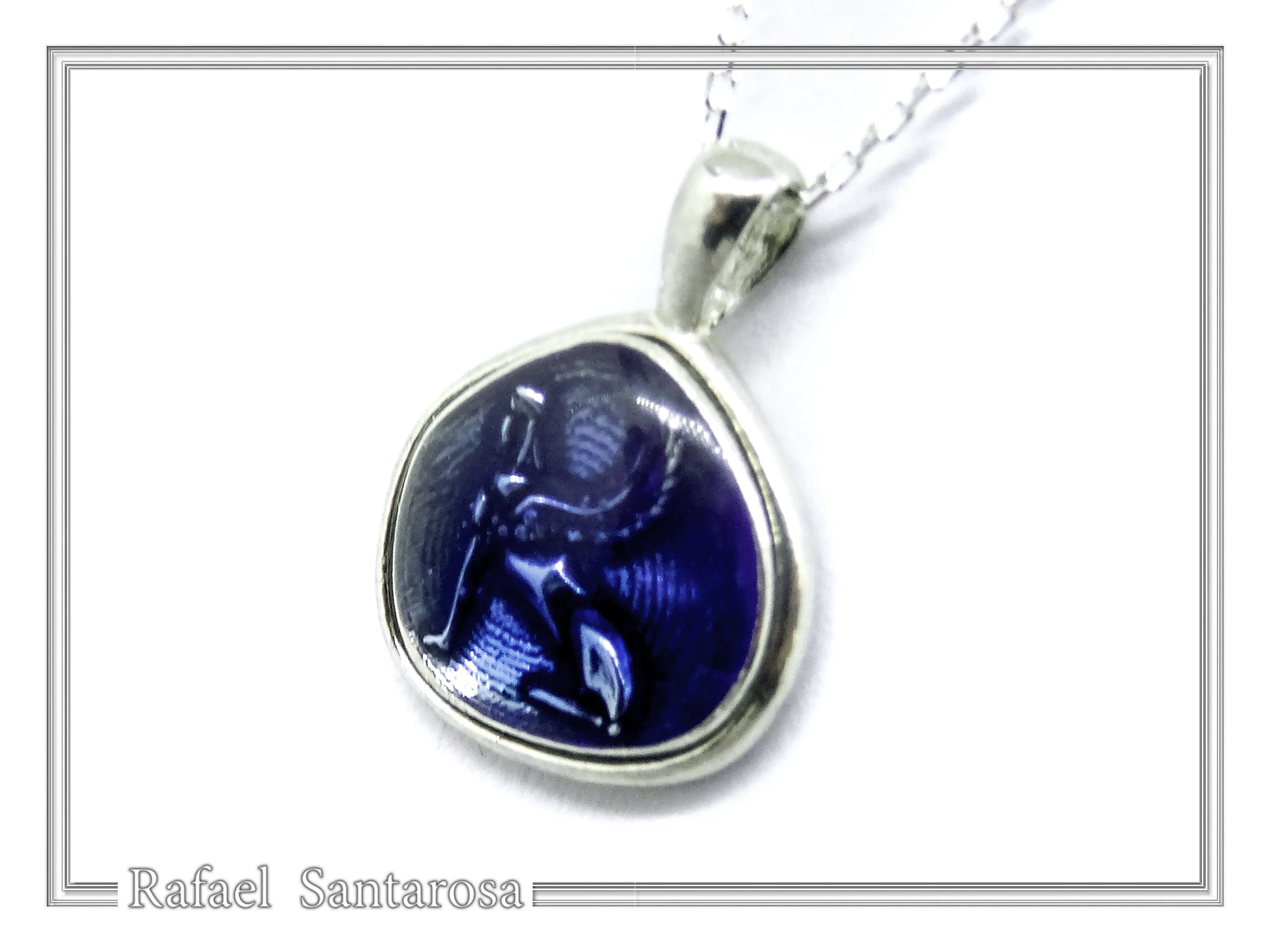 Sphinx of Delphi Greek Coin Necklace: Sky Blue Transparent Enamel on Sterling Silver Coin — additional product image 4 from Rafael Santarosa Fine Jewelry