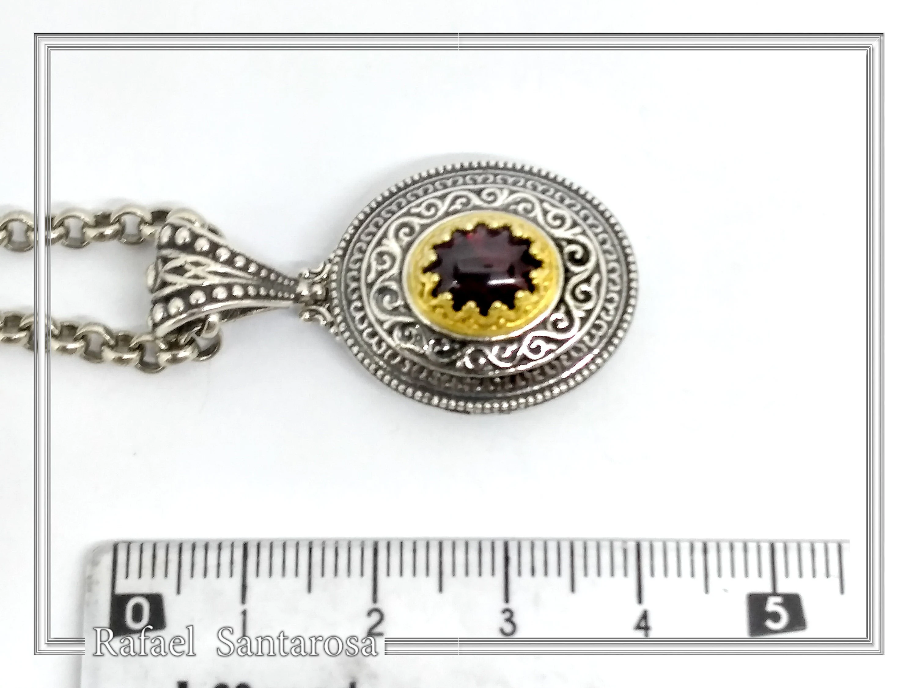 Natural Red Garnet Byzantine Filigree Pendant: Oxidized and 18k Gold Filled Sterling Silver — additional product image 8 from Rafael Santarosa Fine Jewelry
