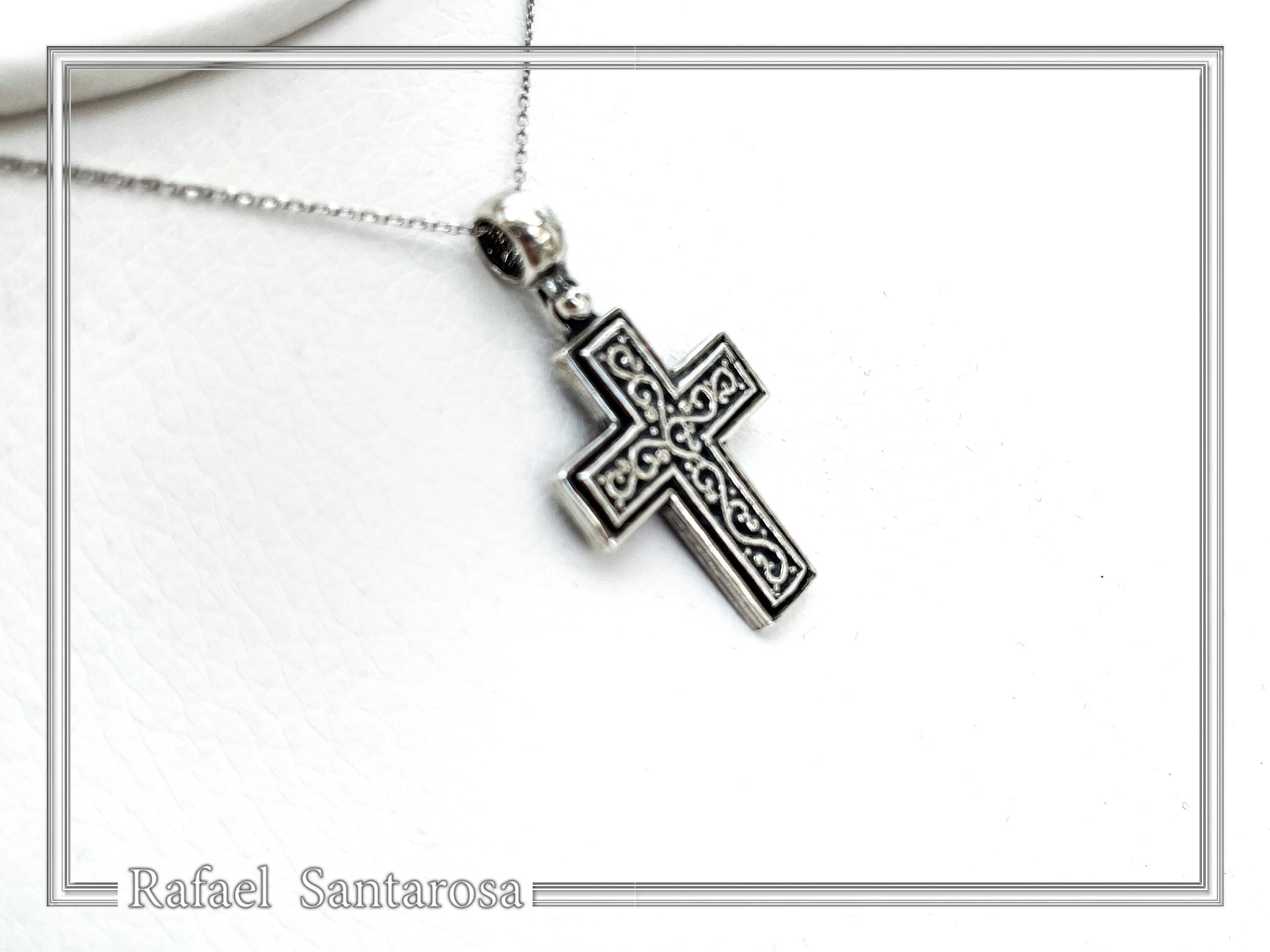Oxidized Sterling Silver Men Cross Pendant: Byzantine Design Christian Necklace — additional product image 4 from Rafael Santarosa Fine Jewelry