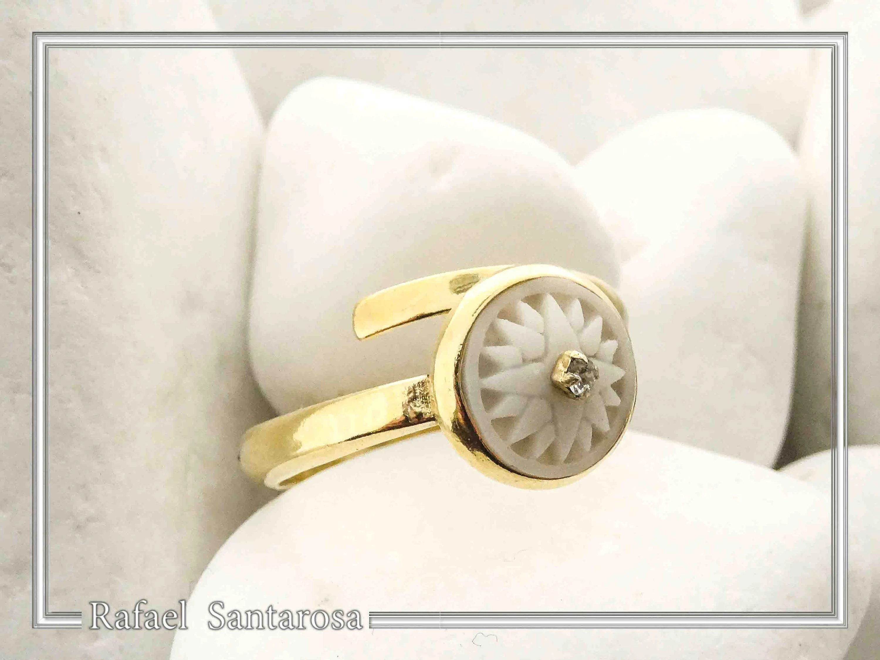 Greek Macedonian Sun Adjustable Statement Ring: Sculptured Marble, Zircon, 18K Gold-Filled Sterling Silver — additional product image 3 from Rafael Santarosa Fine Jewelry