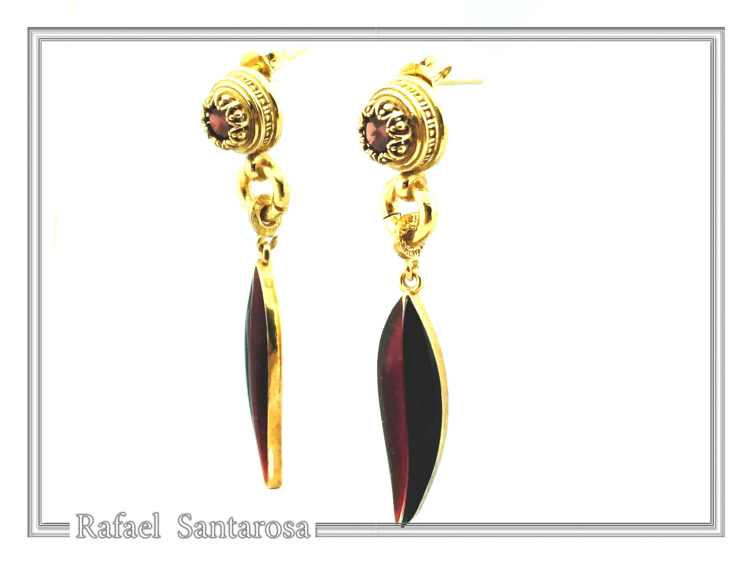 Olive Leaf Floral Dangle & Drop Earrings: Transparent Enamel, Natural Garnet, 18K Gold Filled Silver — additional product image 6 from Rafael Santarosa Fine Jewelry