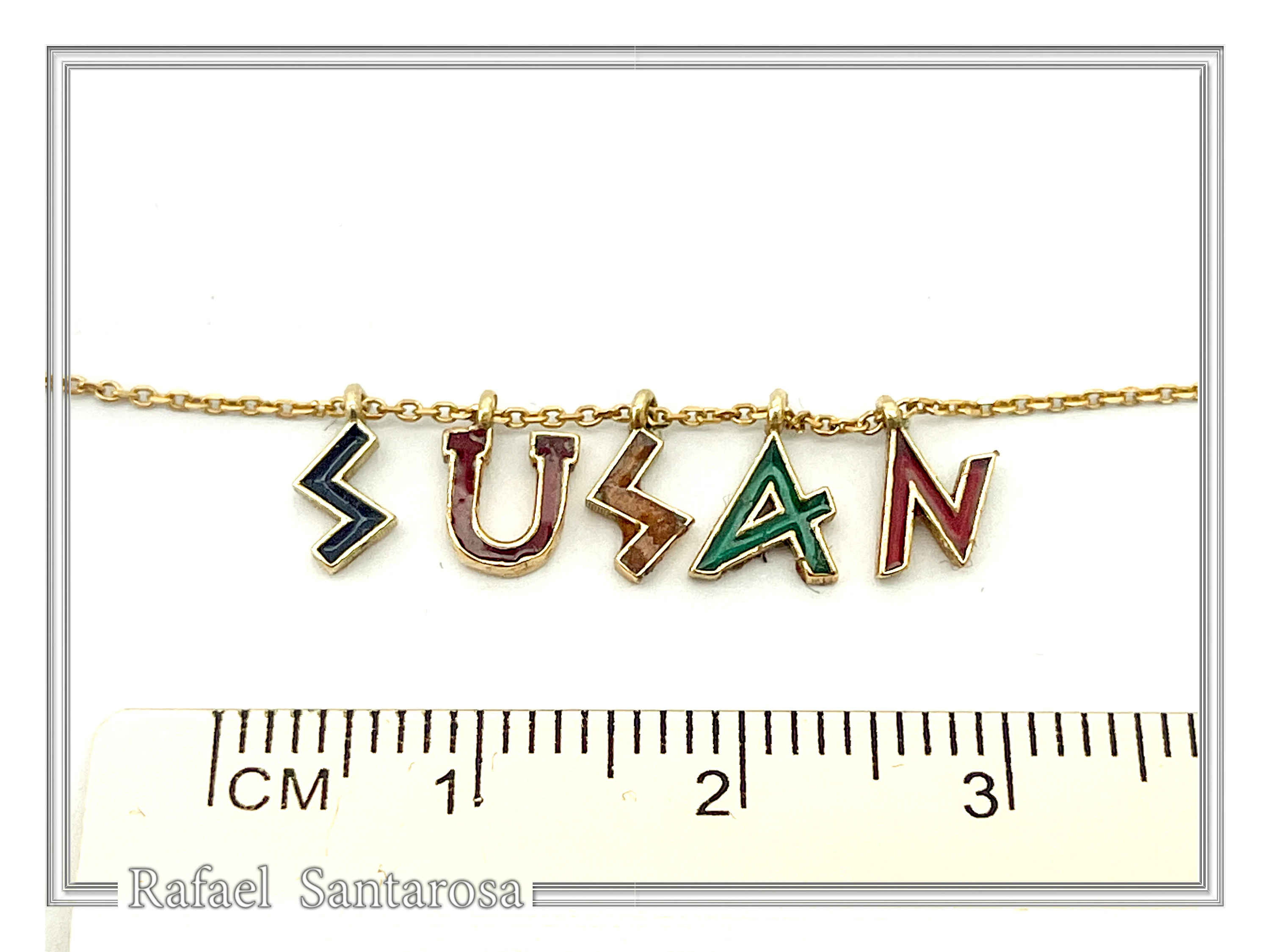 Personalized "Susan" Name Necklace: Multicolored Enamel on Greek Font Letter Silver 18K Gold Filled — additional product image 7 from Rafael Santarosa Fine Jewelry