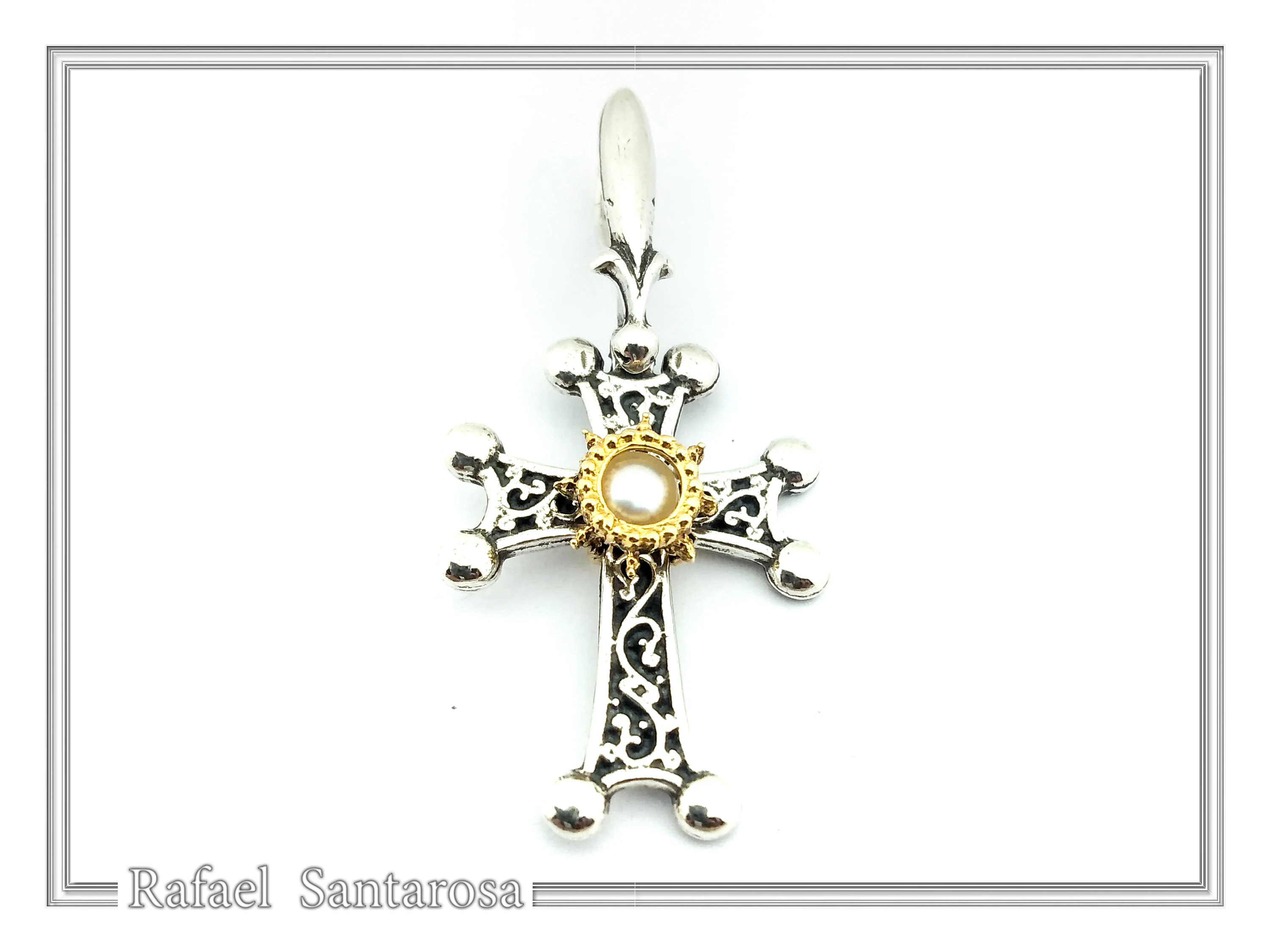 Byzantine Silver Hand engraved Cross with Genuine Amethyst: Oxidized silver, 18K gold Filled Bezel — additional product image 5 from Rafael Santarosa Fine Jewelry