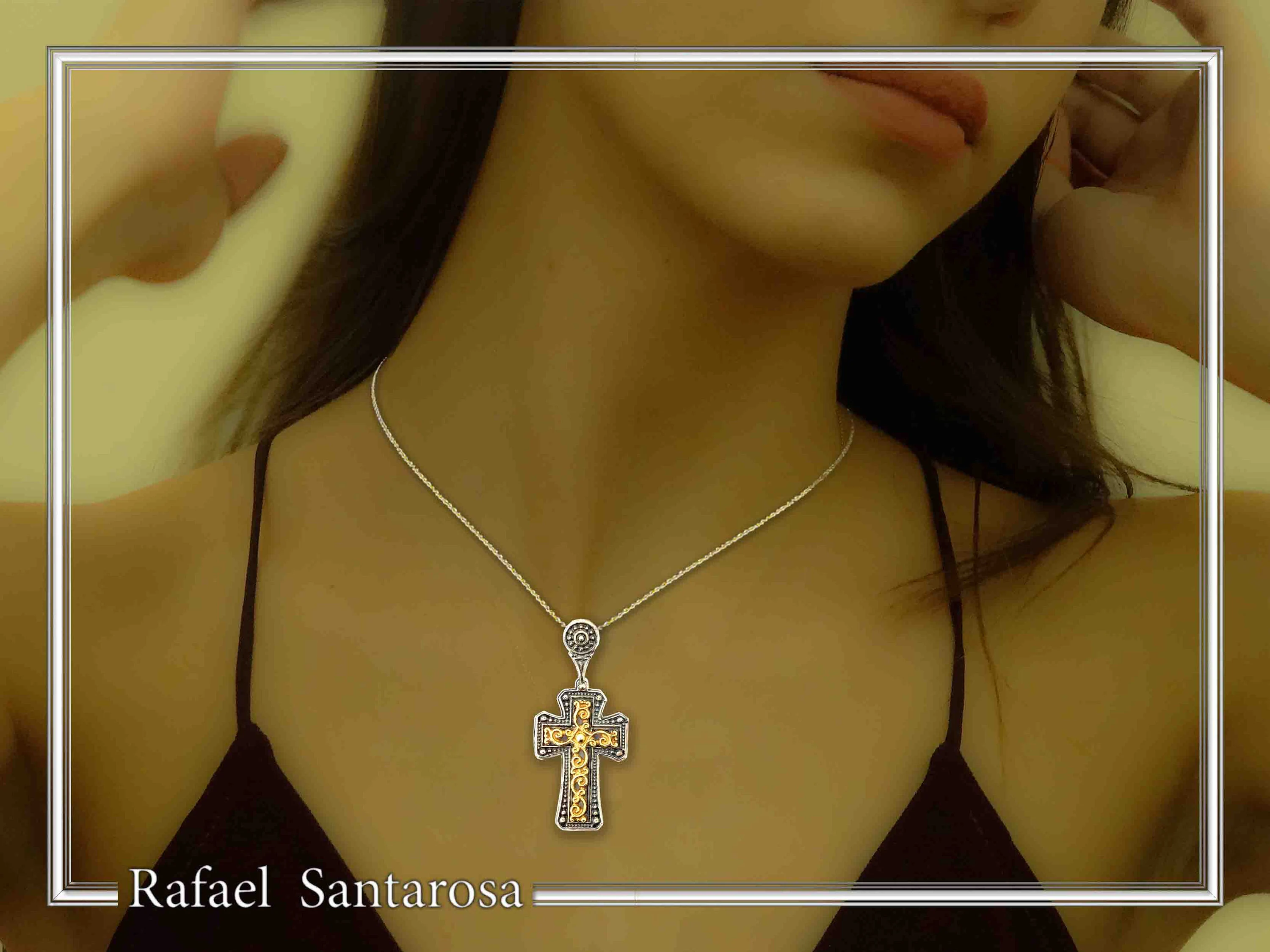 Byzantine Cross Necklace: 18k Gold Filled Filigree Silver Decoration on Oxidized Sterling Silver base — additional product image 4 from Rafael Santarosa Fine Jewelry