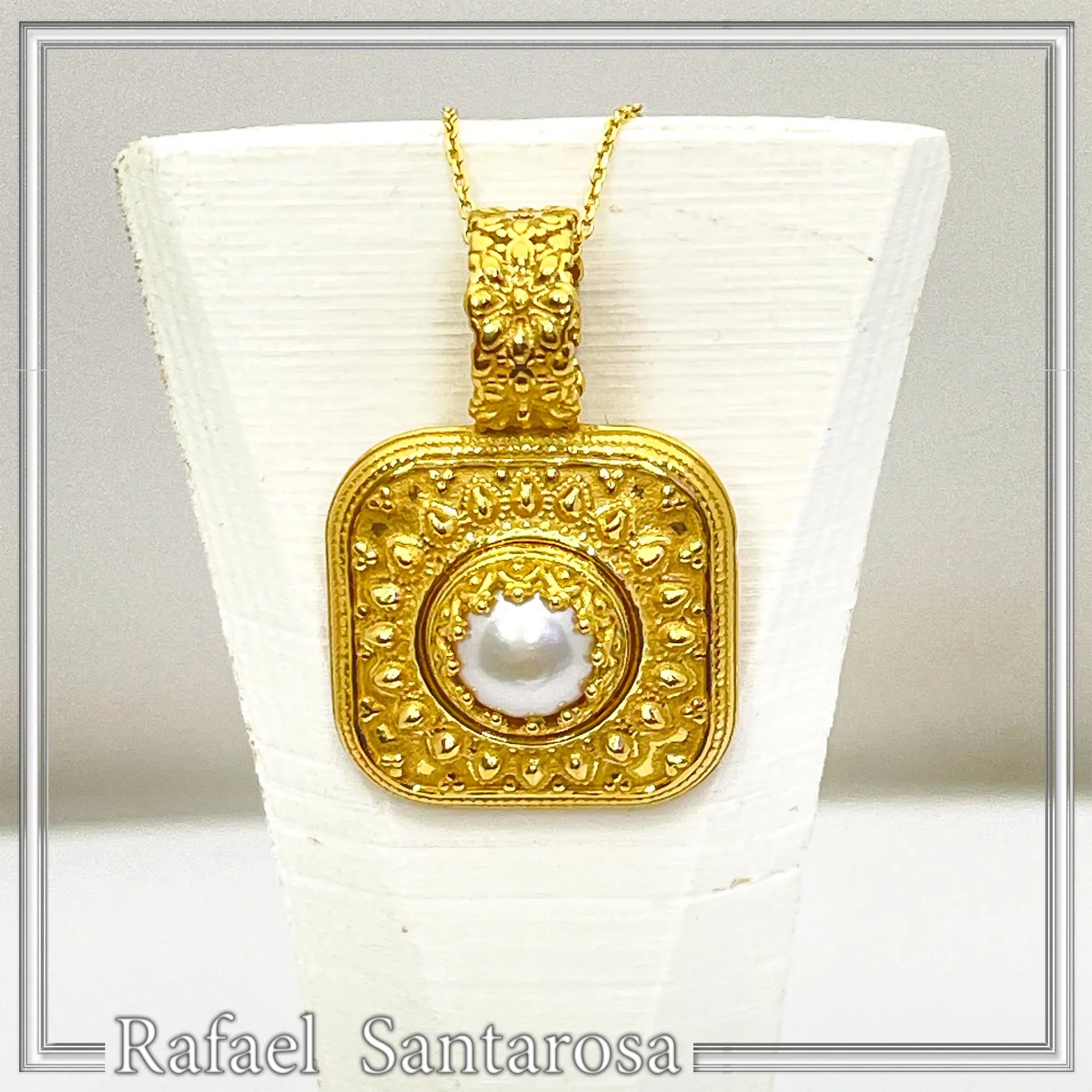 Genuine pearl Byzantine Filigree handmade Pendant: Sterling Silver 18K Gold Filled — additional product image 4 from Rafael Santarosa Fine Jewelry