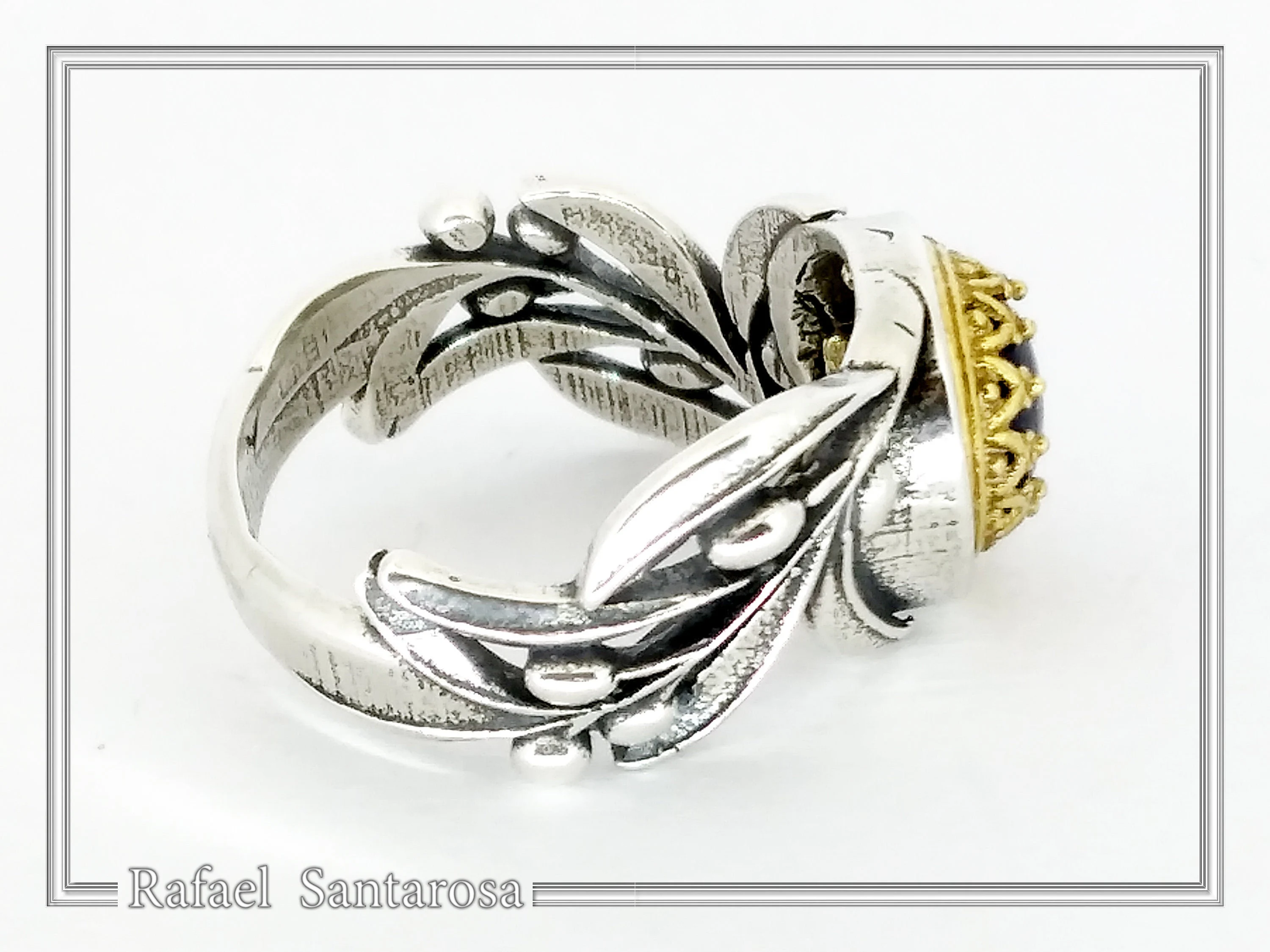 Natural Lapis or Pearl Floral Olive Branch Ring: Oxidized Sterling Silver Gold Filled Filigree — additional product image 7 from Rafael Santarosa Fine Jewelry