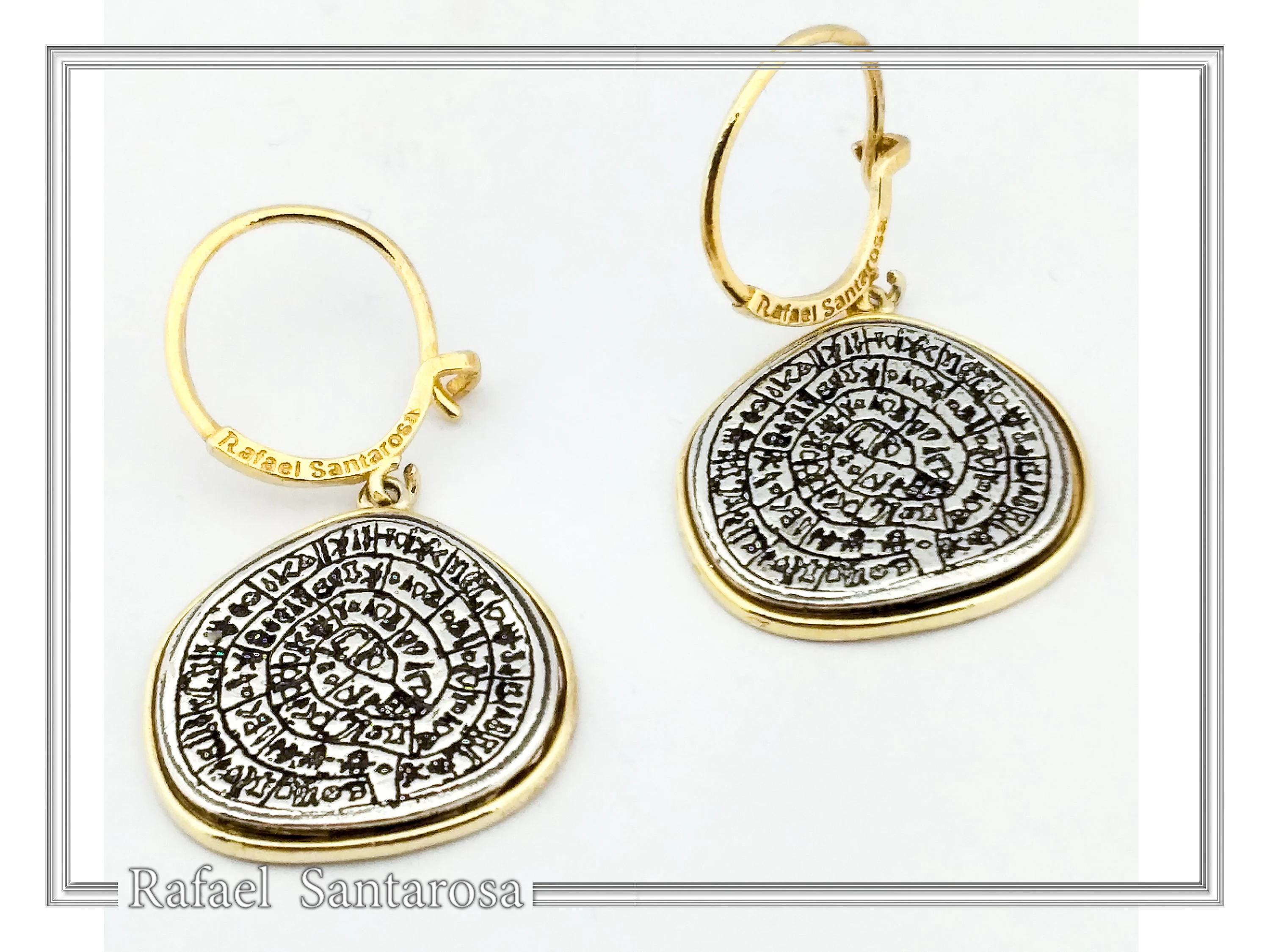 Phaistos Disc Ancient Greek Calendar Earrings: Sterling Silver, 18k Gold Filled, Museum Jewelry — additional product image 6 from Rafael Santarosa Fine Jewelry