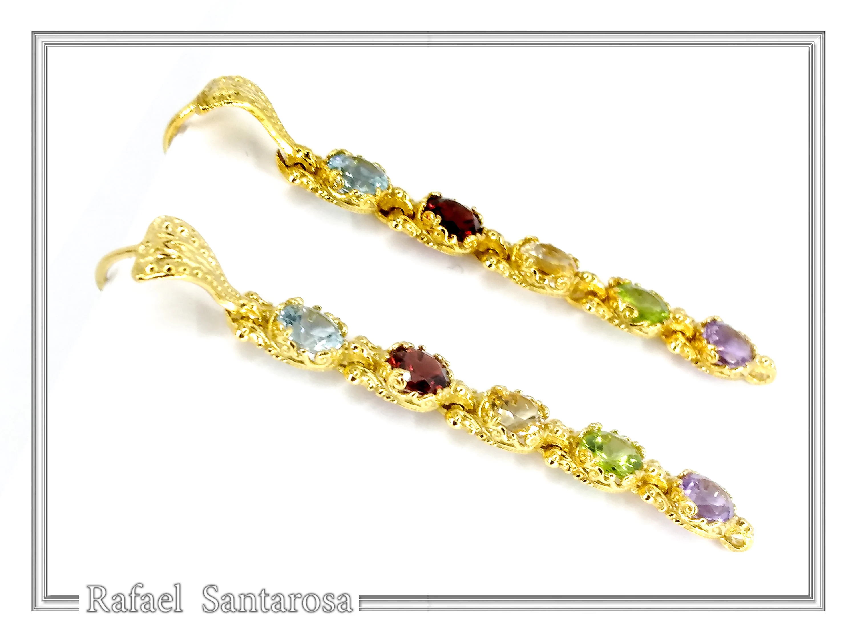 18k Gold Byzantine Filigree Multi Gemstone Dangle Beaded Earrings: Multi Coloured Natural Gems — additional product image 4 from Rafael Santarosa Fine Jewelry