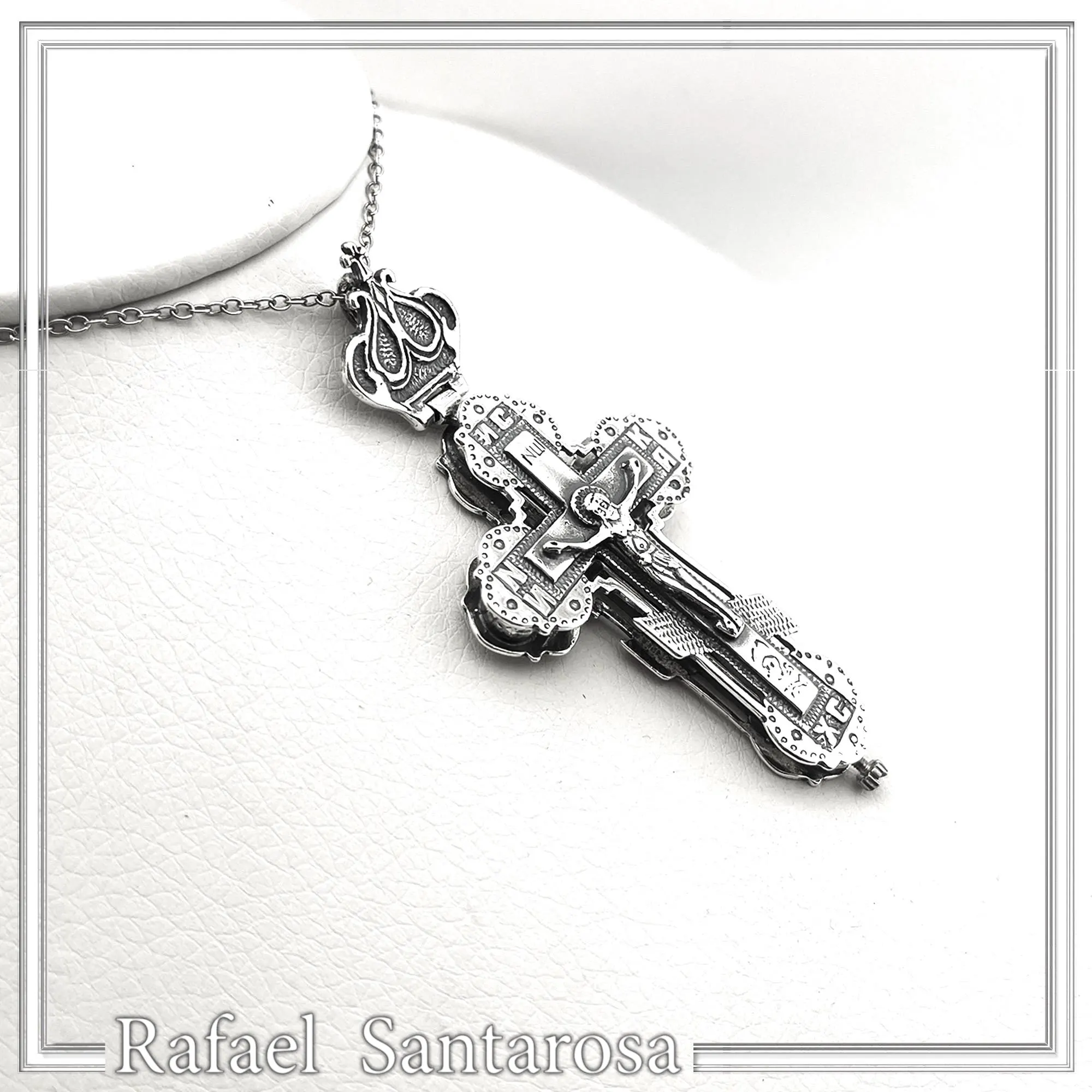 Reliquary Russian Type Cross Byzantine Cyrillic Prayer Pendant: Oxidised Sterling Silver Locket — additional product image 8 from Rafael Santarosa Fine Jewelry