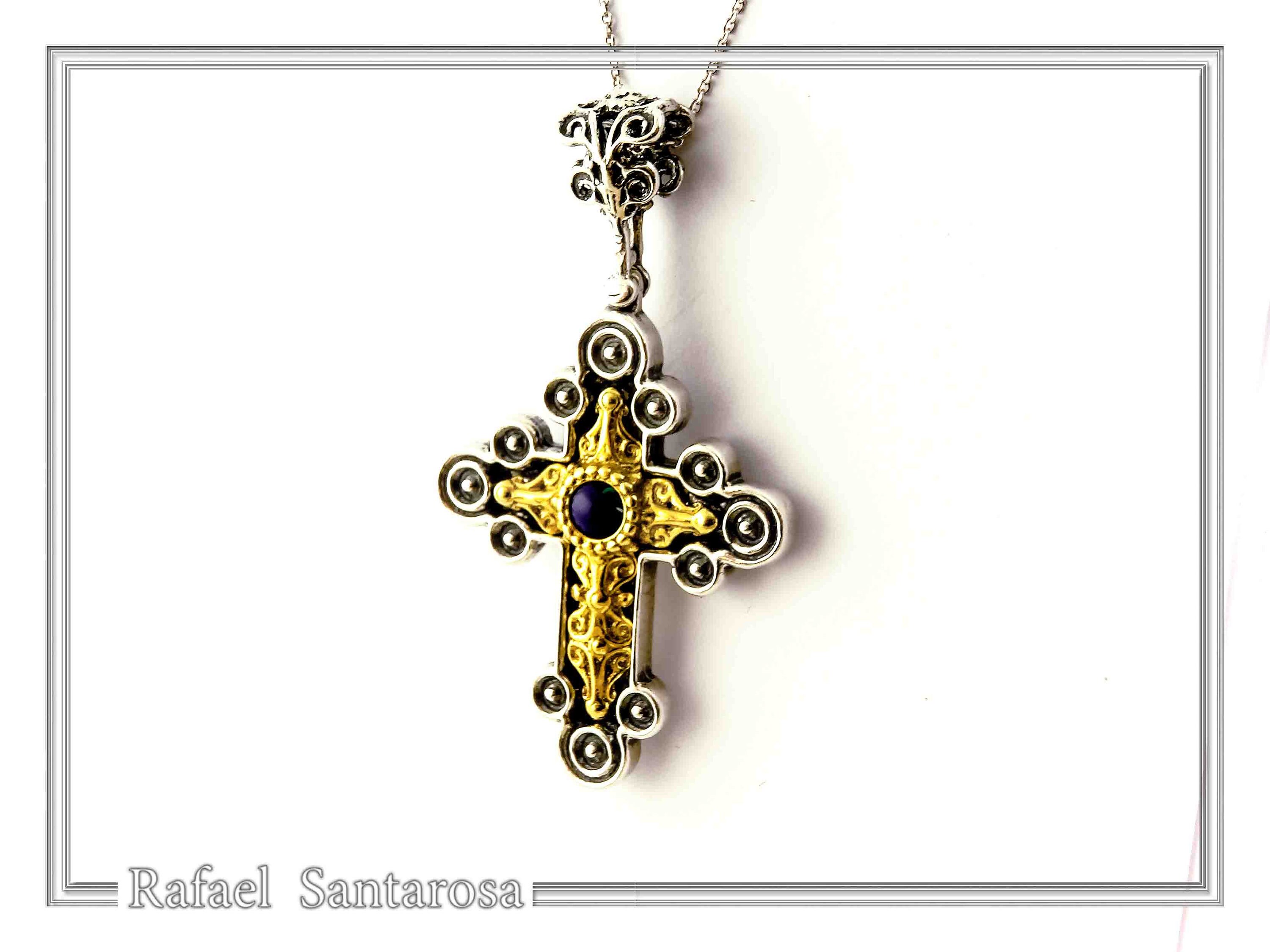 Natural Lapis Lazuli Byzantine Religious Cross: Oxidized Sterling Silver and 18K Gold Filled — additional product image 4 from Rafael Santarosa Fine Jewelry
