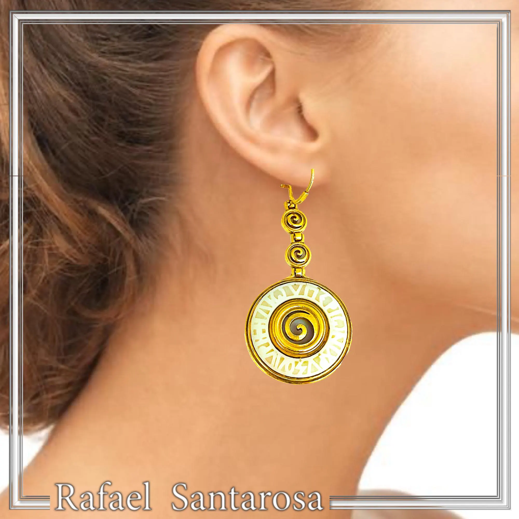 Ancient Greek Prayer to Sun Engraved Marble Spiral Earrings: 18k Gold Filled Sterling Silver — additional product image 2 from Rafael Santarosa Fine Jewelry