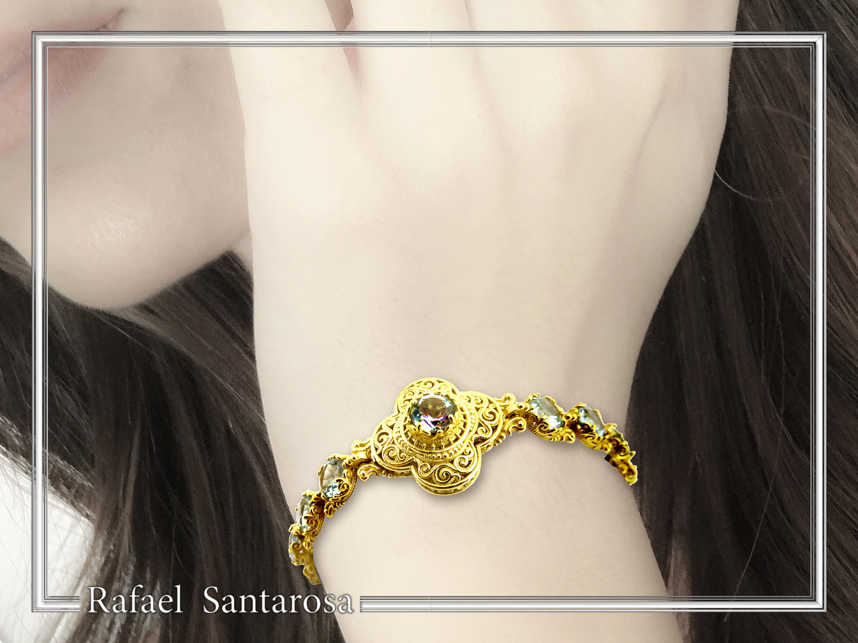 18K Gold Beaded Bracelet Handcrafted Byzantine Cross Filigree: Natural Genuine Sky-Blue Topaz Gemstones — additional product image 2 from Rafael Santarosa Fine Jewelry