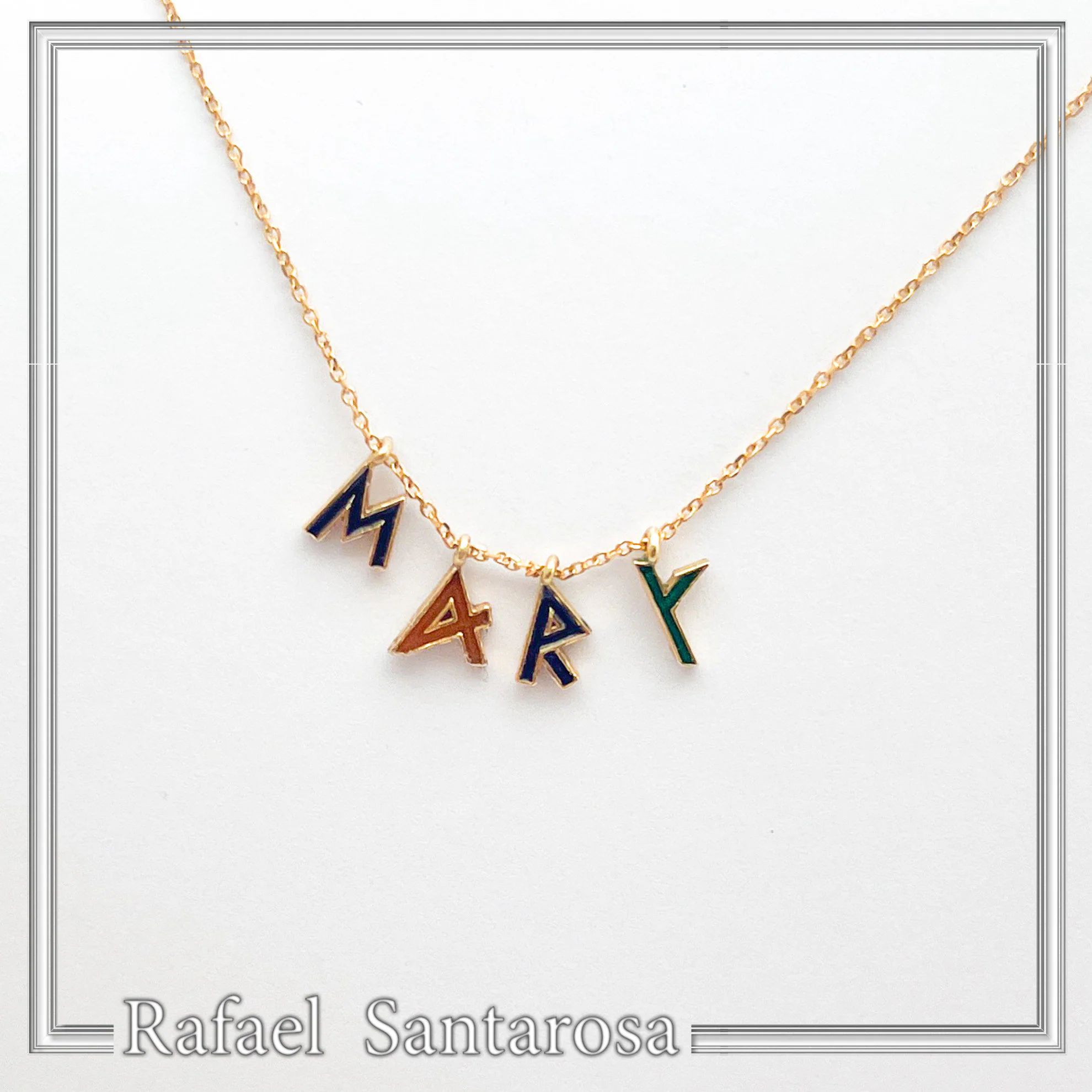 Personalized "Mary" Name Silver Gold filled Beaded Necklace: Enamel Letter Charm, Ancient Greek Font — additional product image 6 from Rafael Santarosa Fine Jewelry