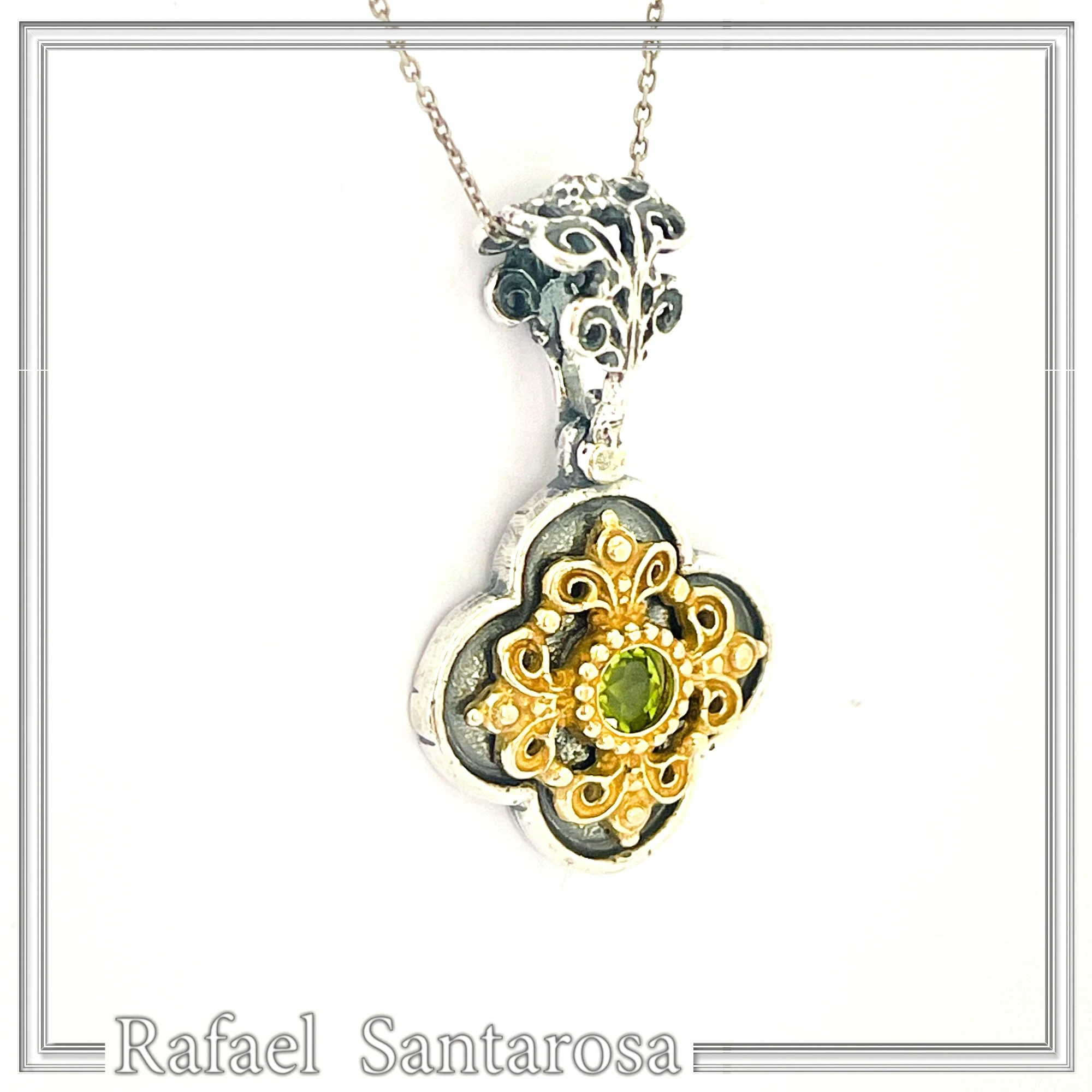 Byzantine Filigree Natural Green Peridot Necklace: Handmade Sterling Silver Oxidized and 18K Gold Filled — additional product image 7 from Rafael Santarosa Fine Jewelry