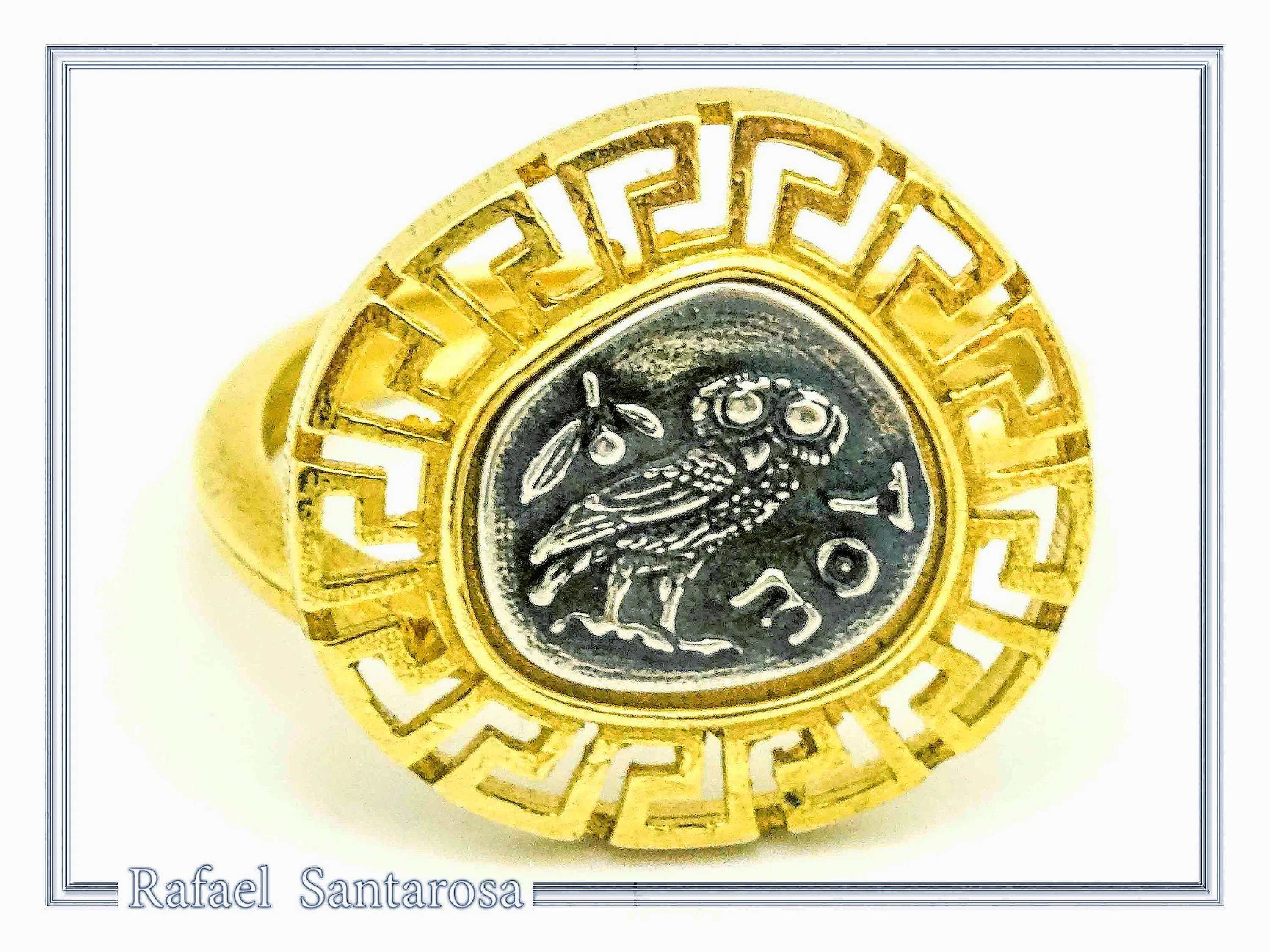 Owl of Athena Goddess Tetradrachm Greek Coin Greek Key Ring: 18K Gold Filled Silver — additional product image 7 from Rafael Santarosa Fine Jewelry