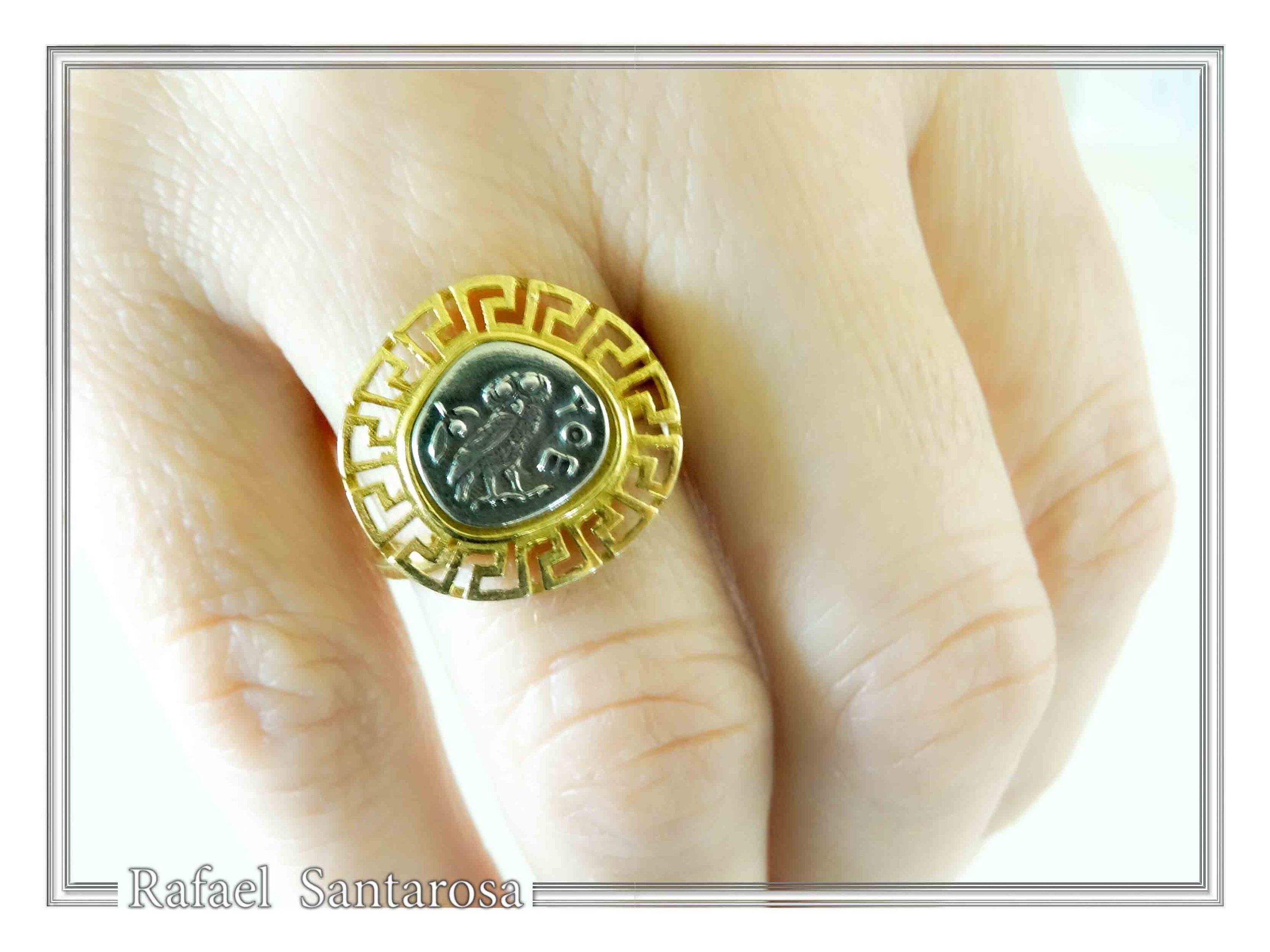 Owl of Athena Goddess Tetradrachm Greek Coin Greek Key Ring: 18K Gold Filled Silver — additional product image 8 from Rafael Santarosa Fine Jewelry